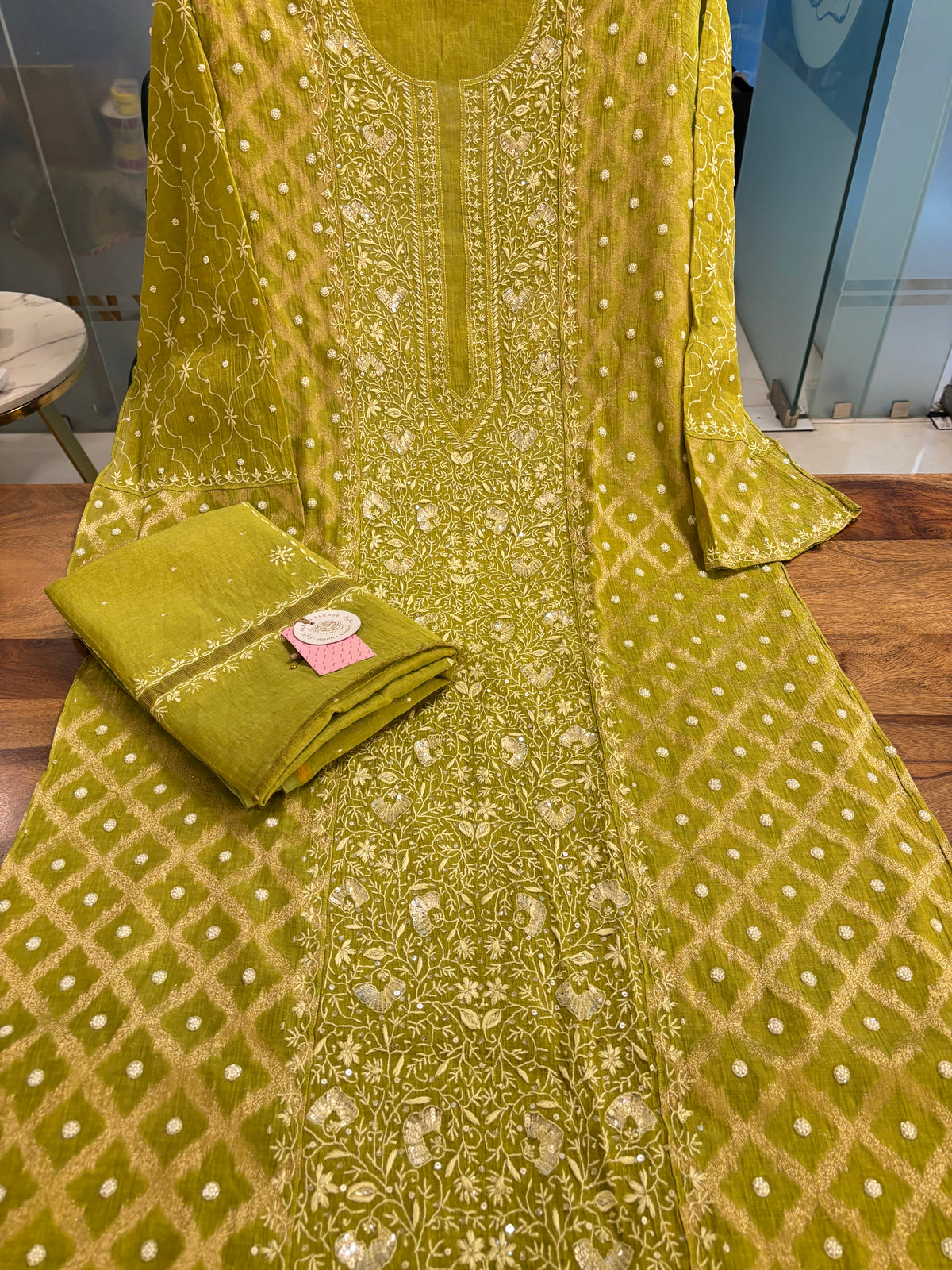 Bright Green Tissue Chanderi Chikankari Kurta & Dupatta