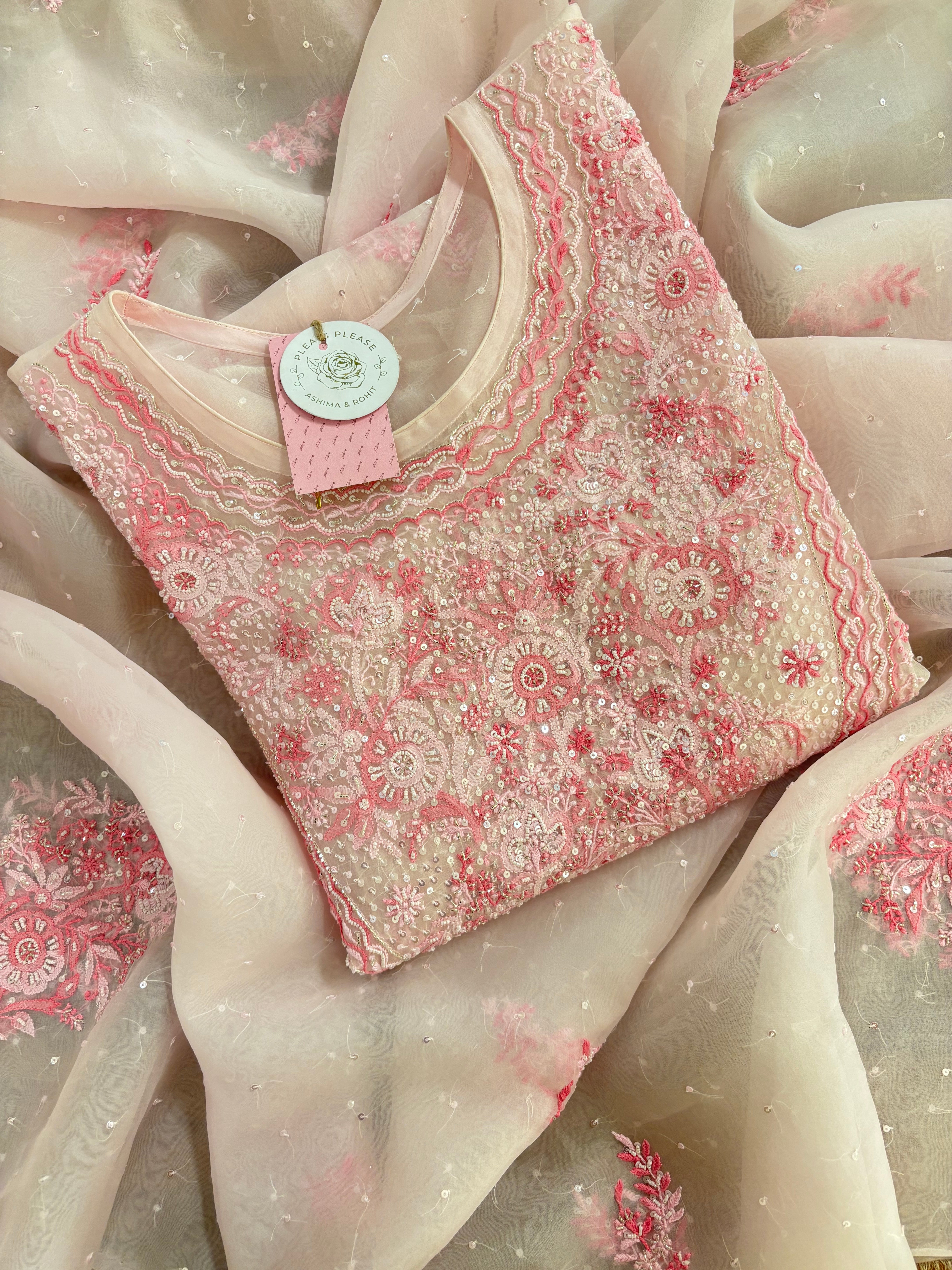 Baby Pink Organza Chikankari A-Line Kurta & Dupatta