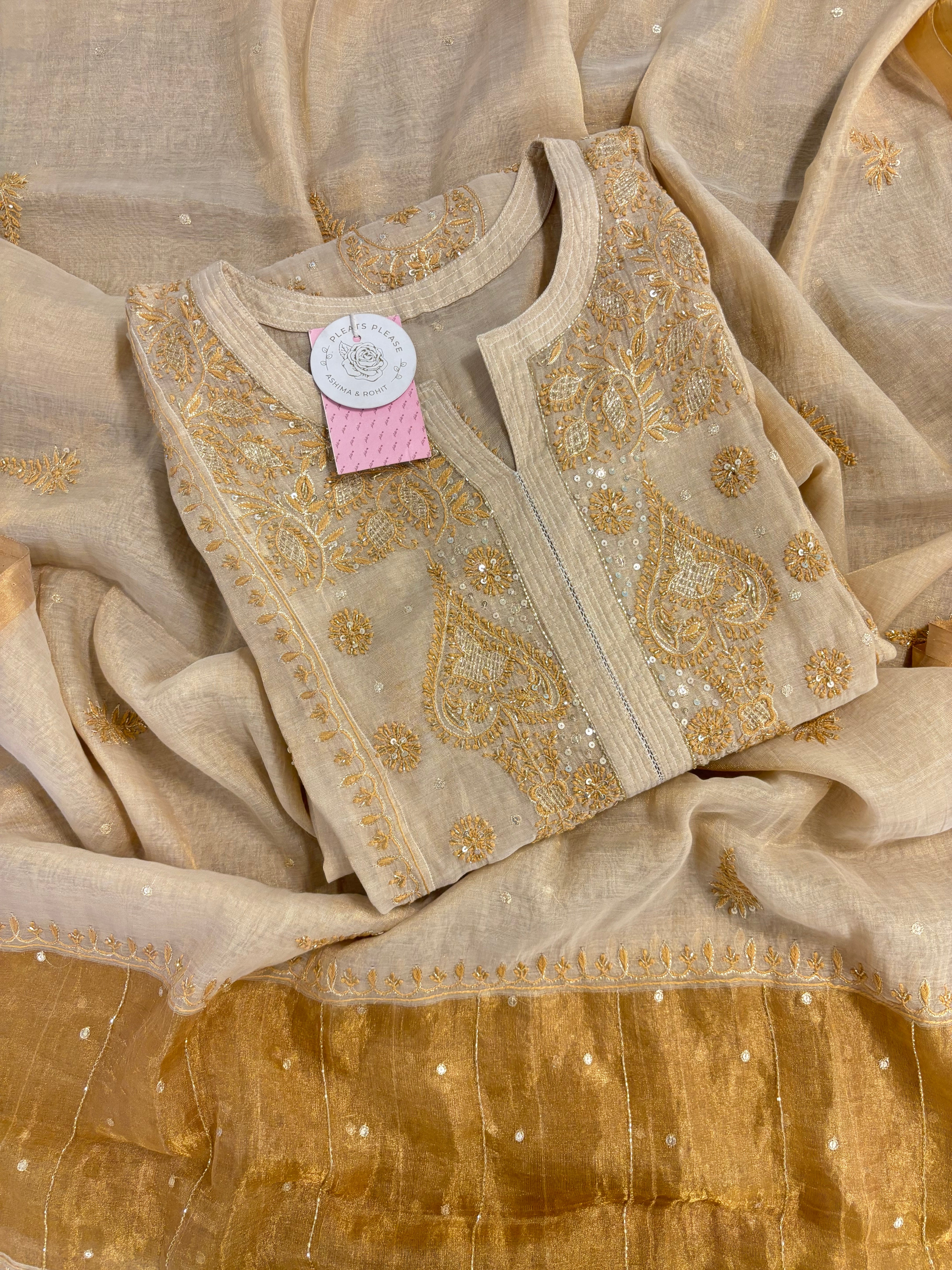 Dyeable Pure & Premium Tissue Chand Boota Chikankari Kurta & Dupatta