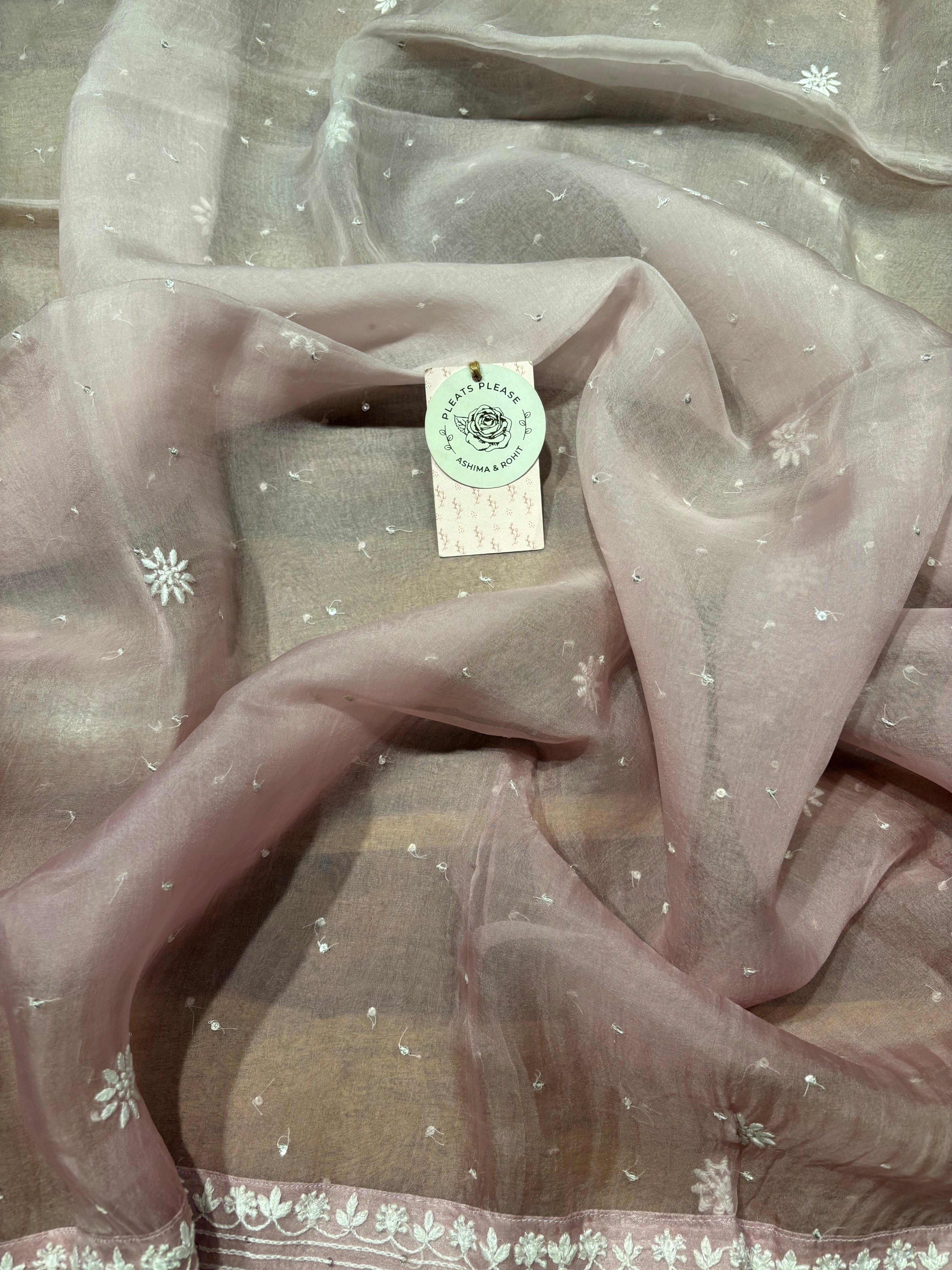 Pink Ombre Pure And Premium Organza Silk  Chikankari Kurta And Dupatta Set