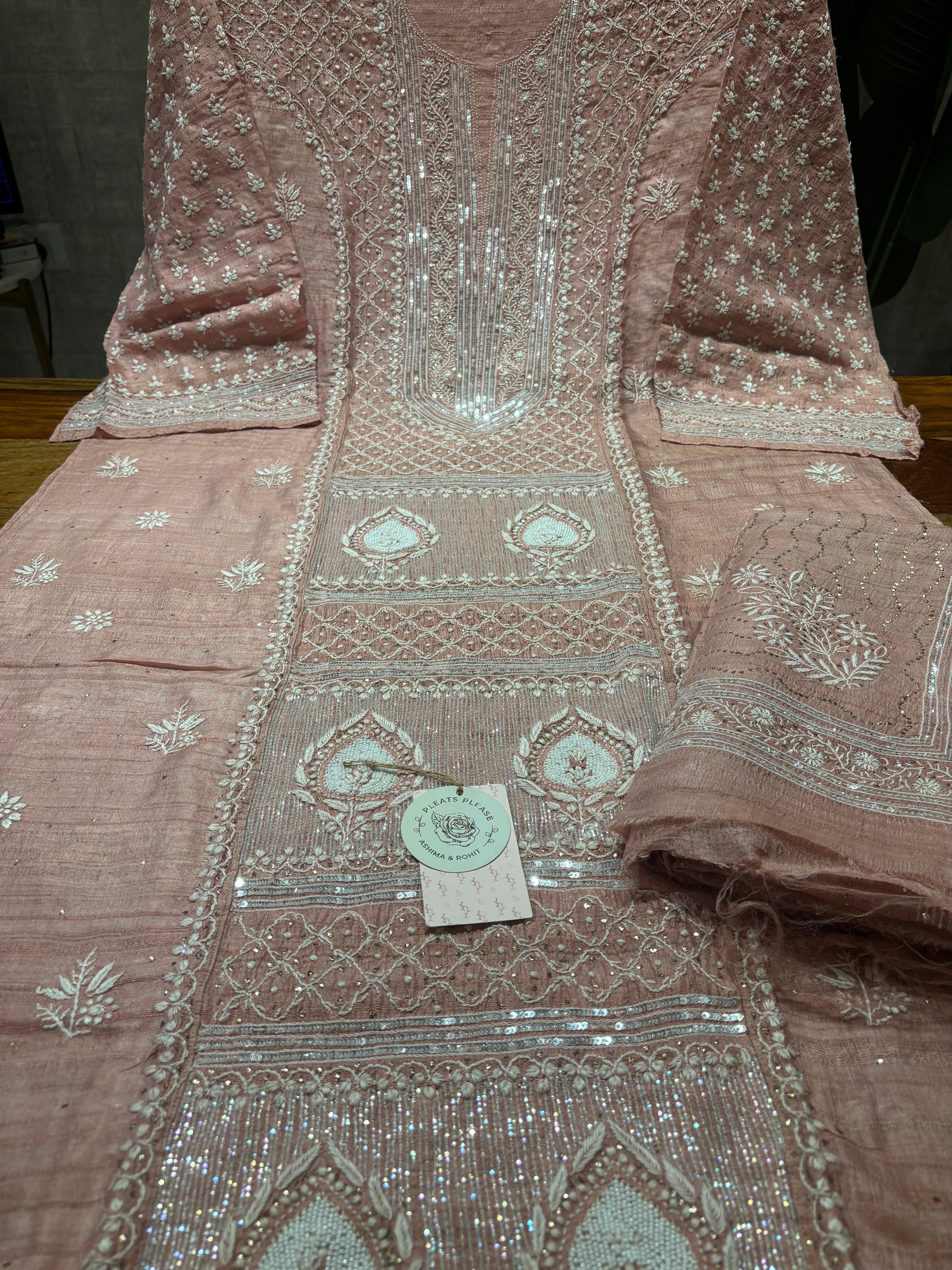 Flamingo Tussar Silk Chikankari And Mukaish Kurta And Dupatta Set