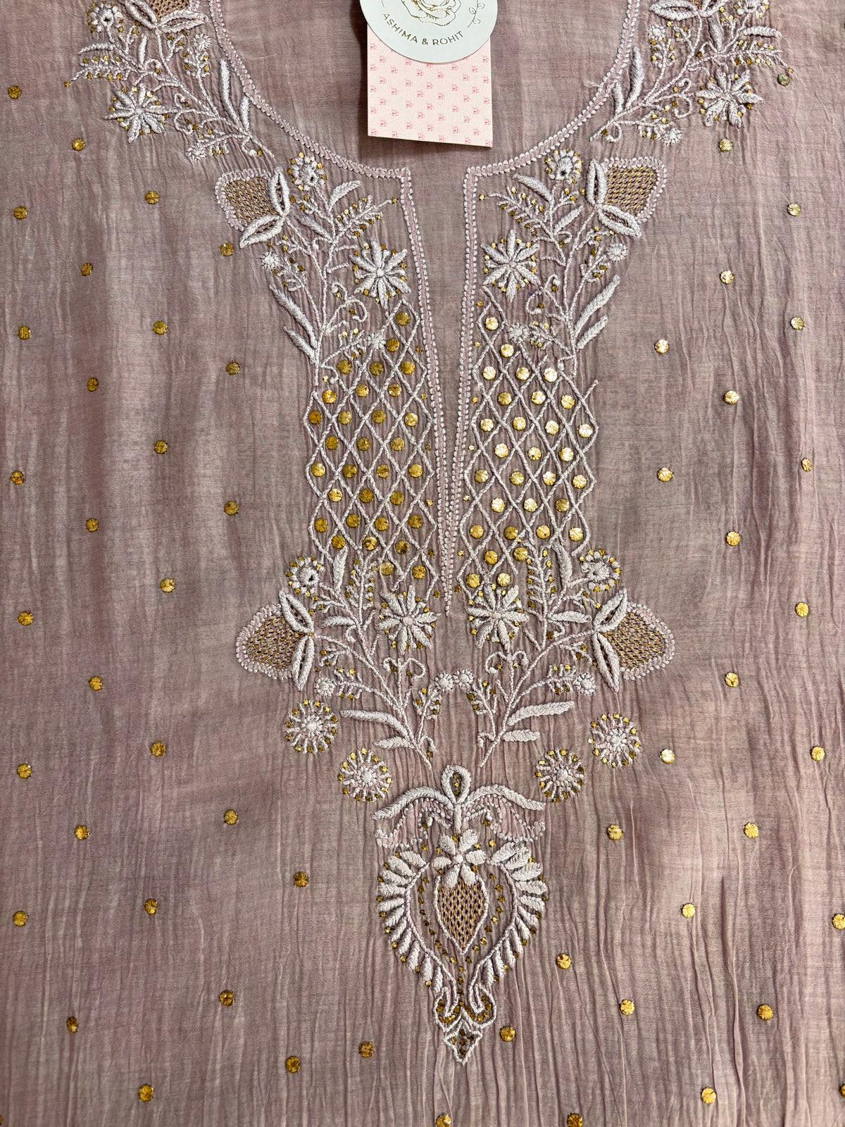 Dusty Mauve Chanderi Mul Chikankari Mukaish Kurta & Dupatta