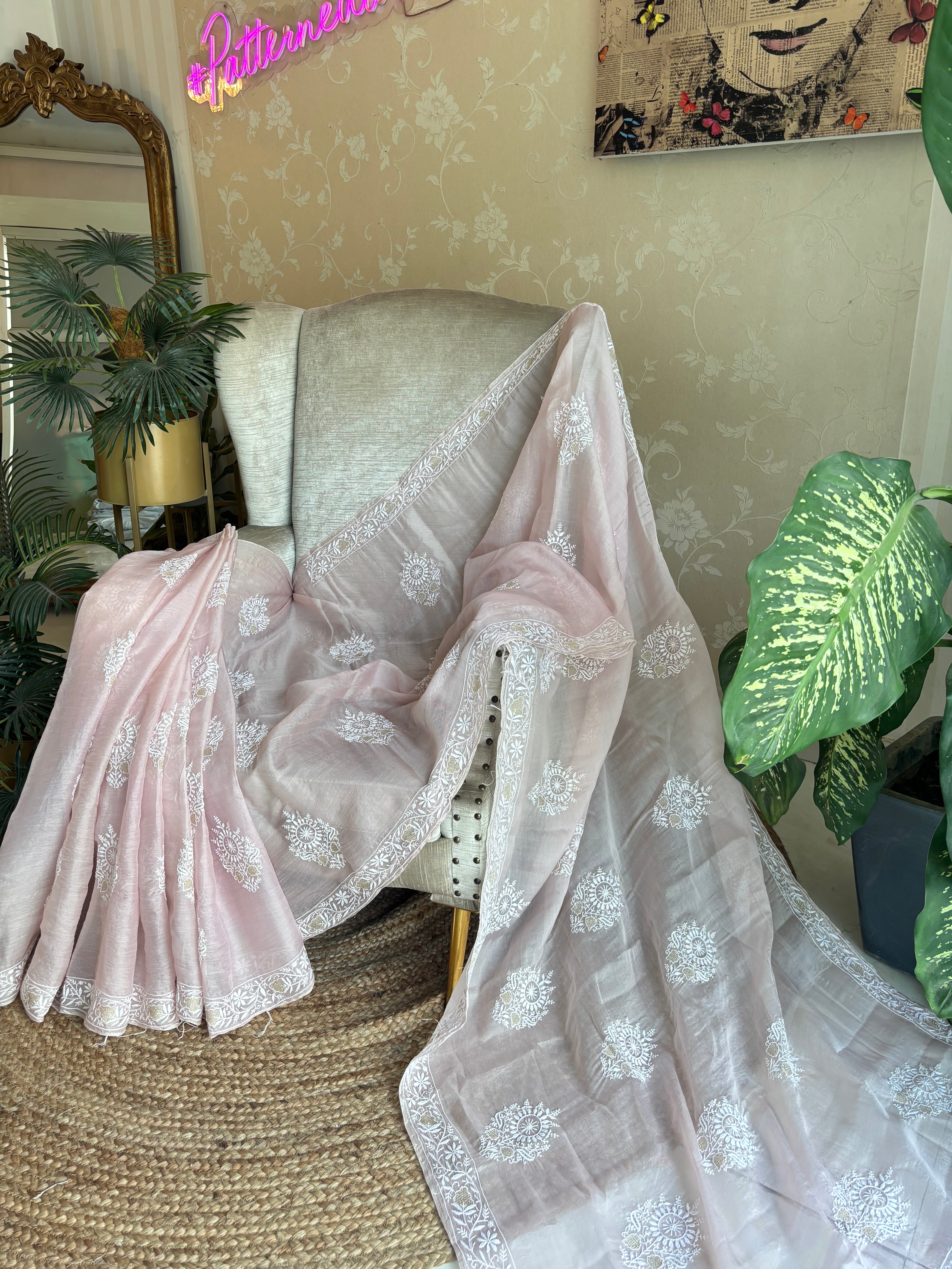 Barely Pink Organza Silk  Only Chikankari Saree and Blouse