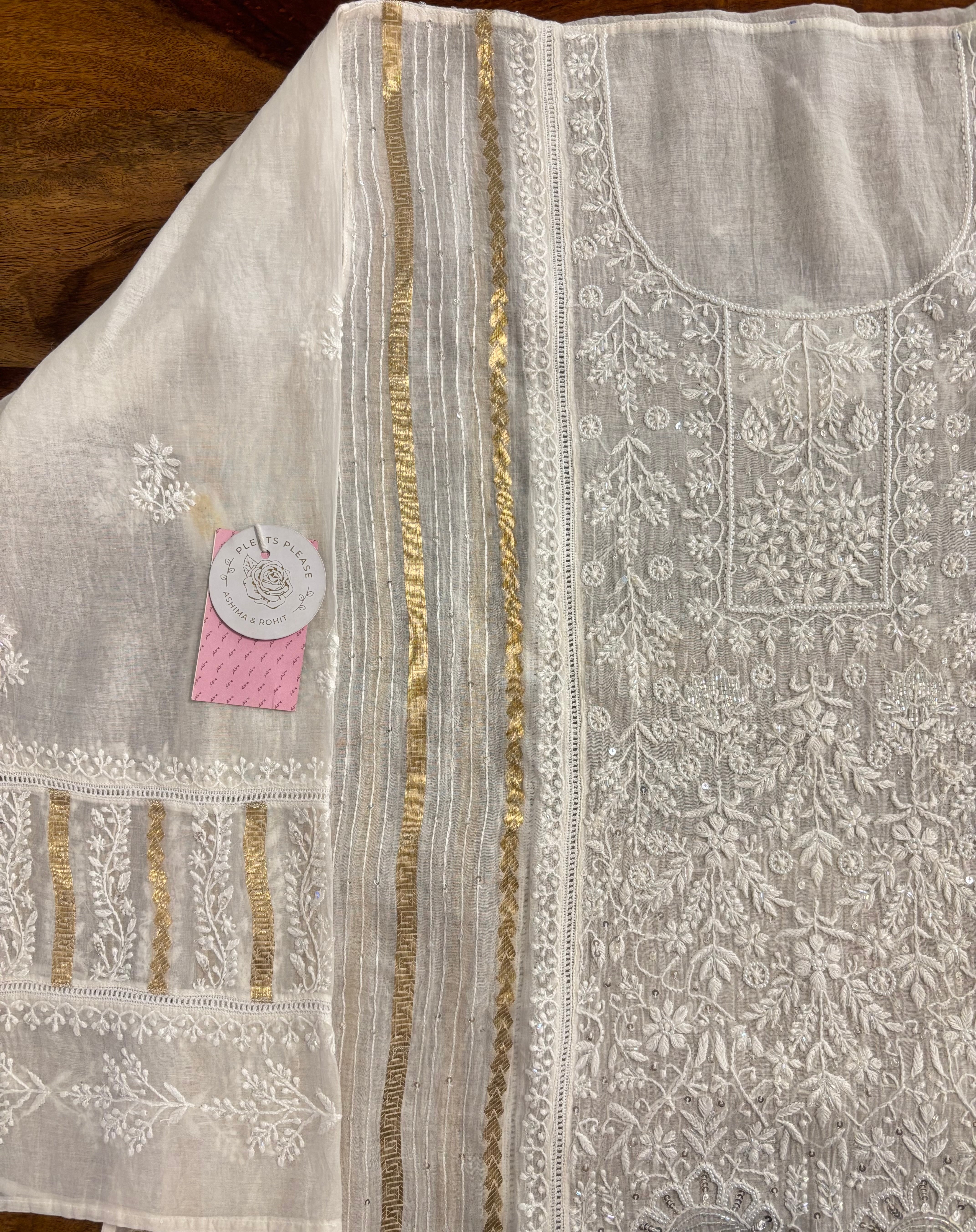 Dyeable Chanderi Mul Chikankari Kurta & Dupatta With Banarasi Weave