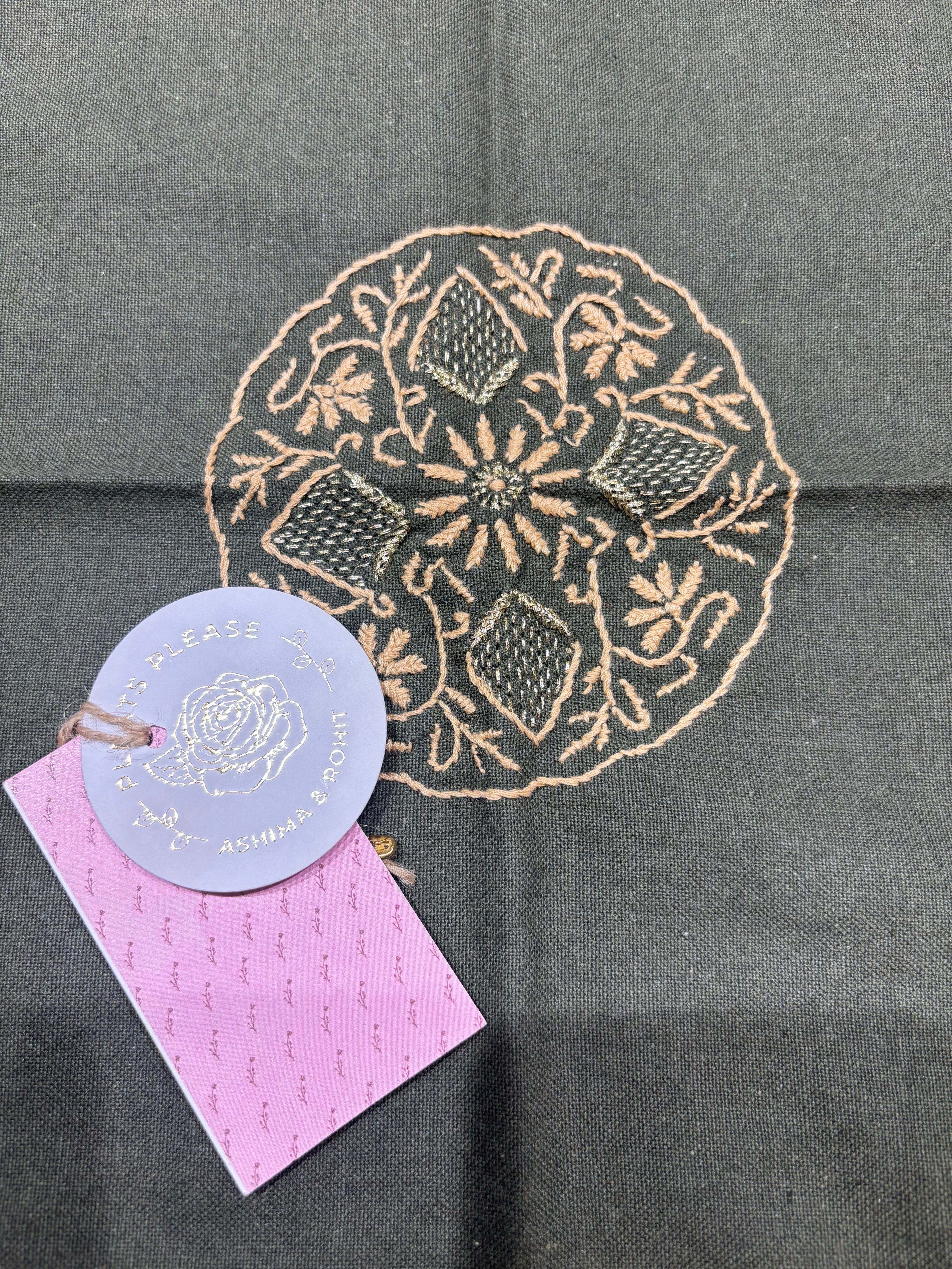 Olive Green Linen Cotton Chikankari Table Mat