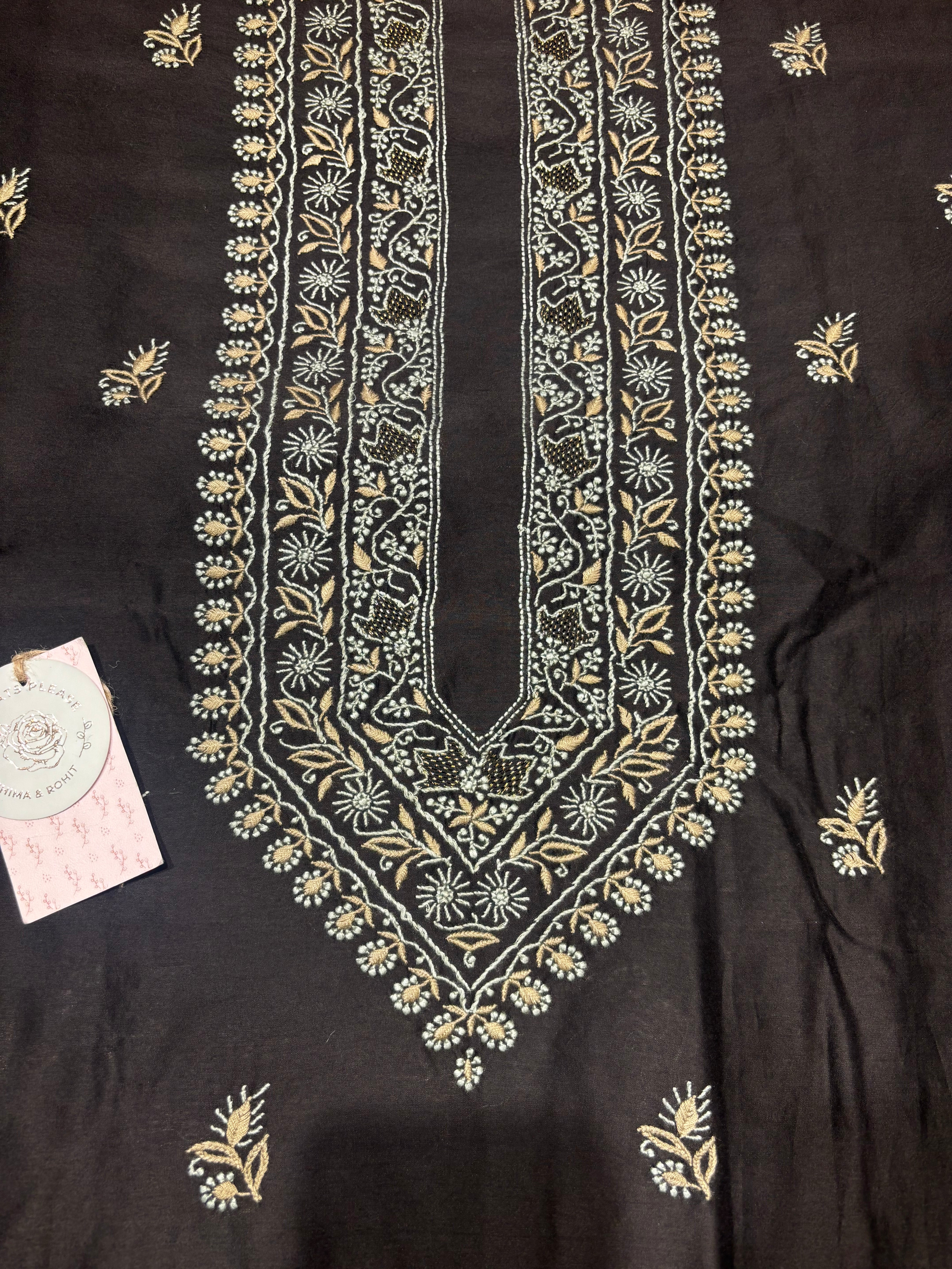 Black Chanderi Silk Chikankari Men’s Kurta Fabric