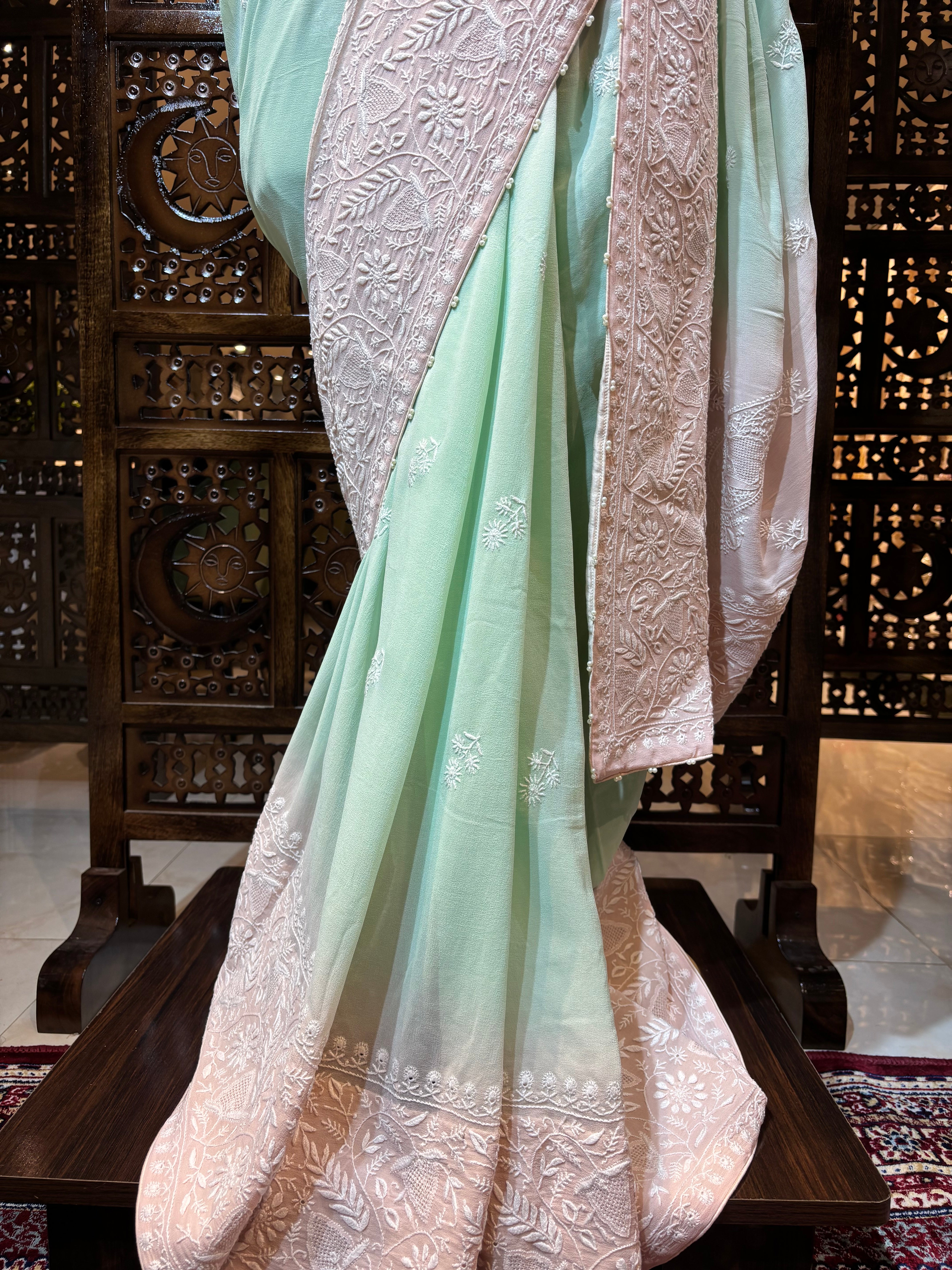 Pink & Green Pure & Premium Georgette Chikankari Saree & Blouse - Pleats PleaseChikankari
