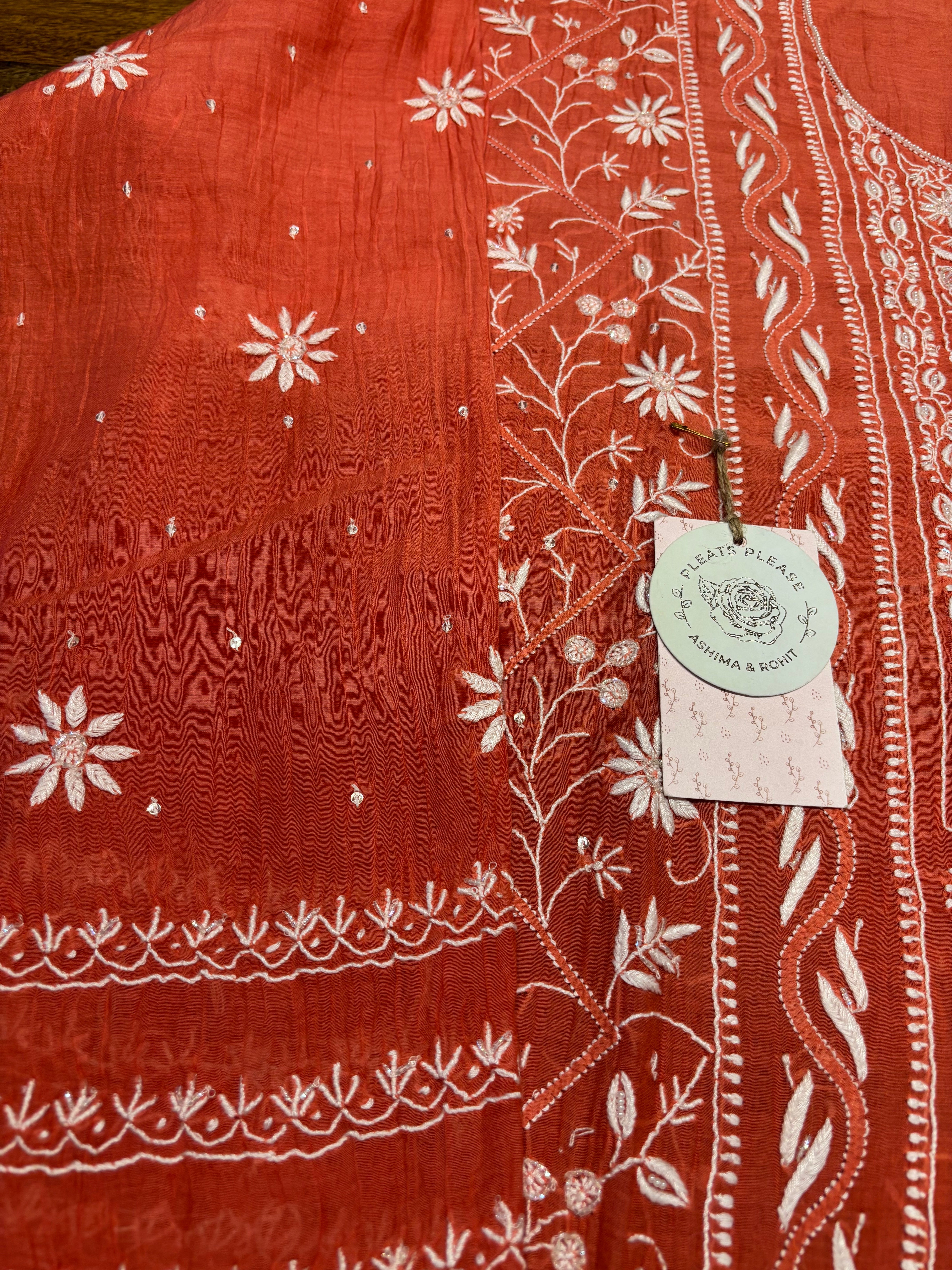 Rust Orange Chanderi Mul Chikankari Kurta And Dupatta Set