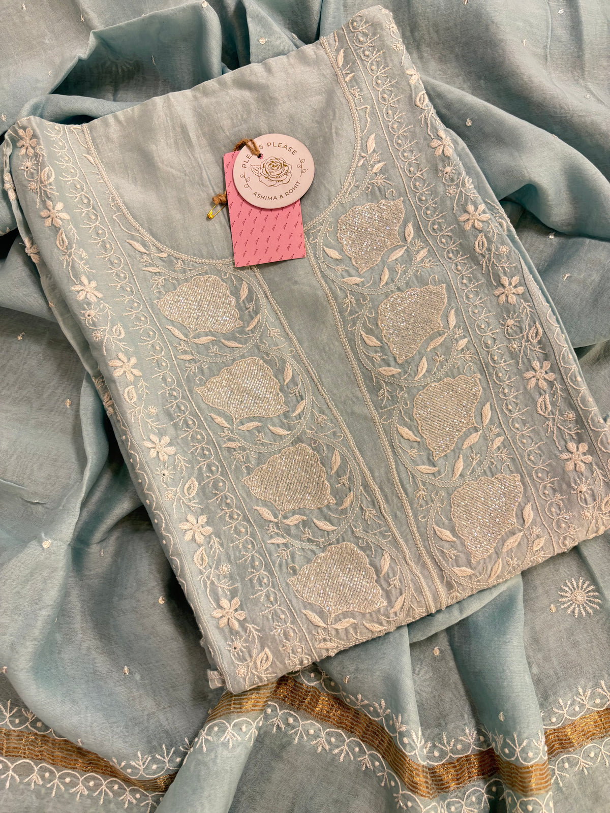 Ice Blue Chanderi Chikankari Kurta & Dupatta
