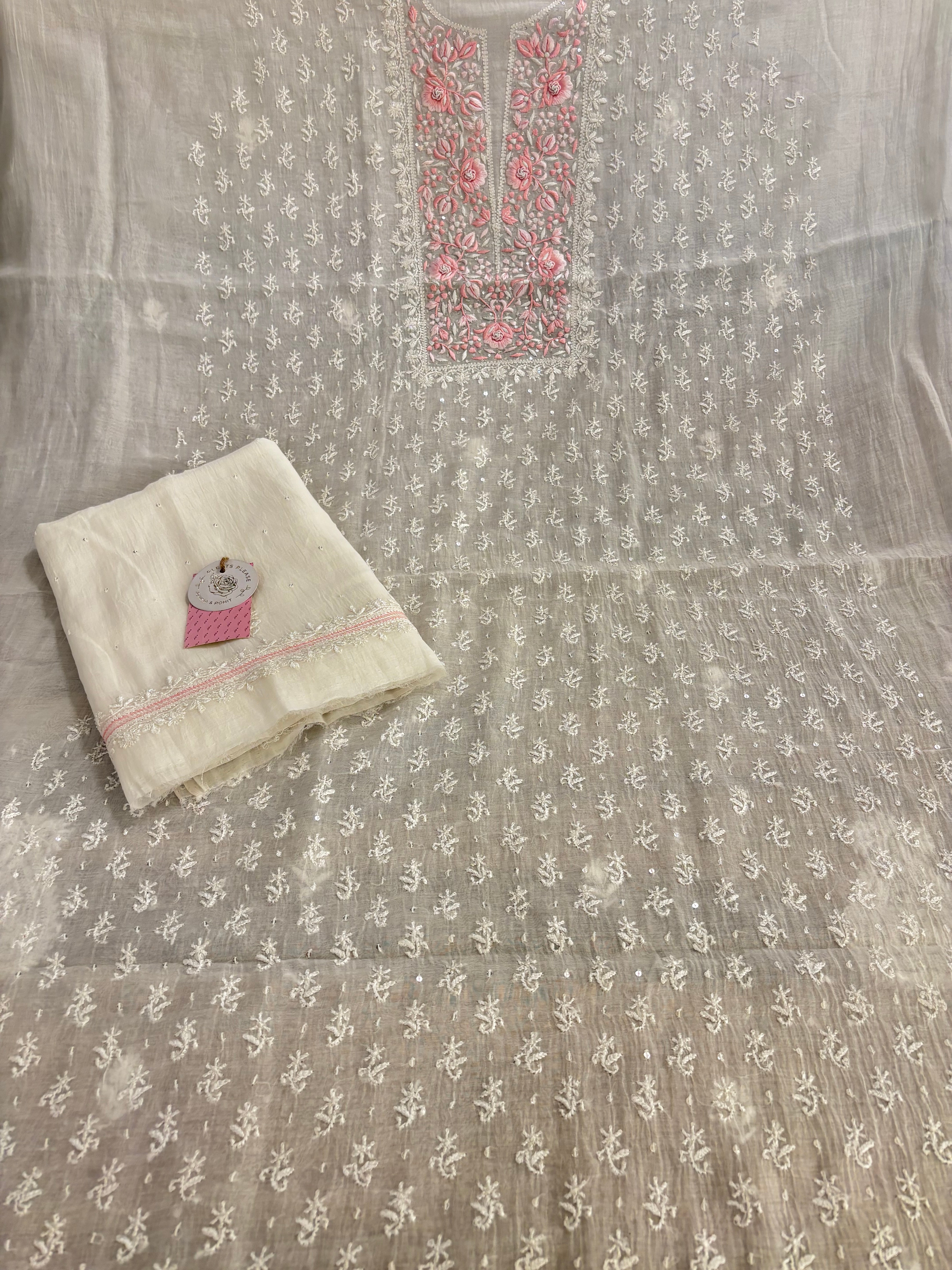 Dyeable Chanderi Parsi Gara Chikankari Kurta & Dupatta