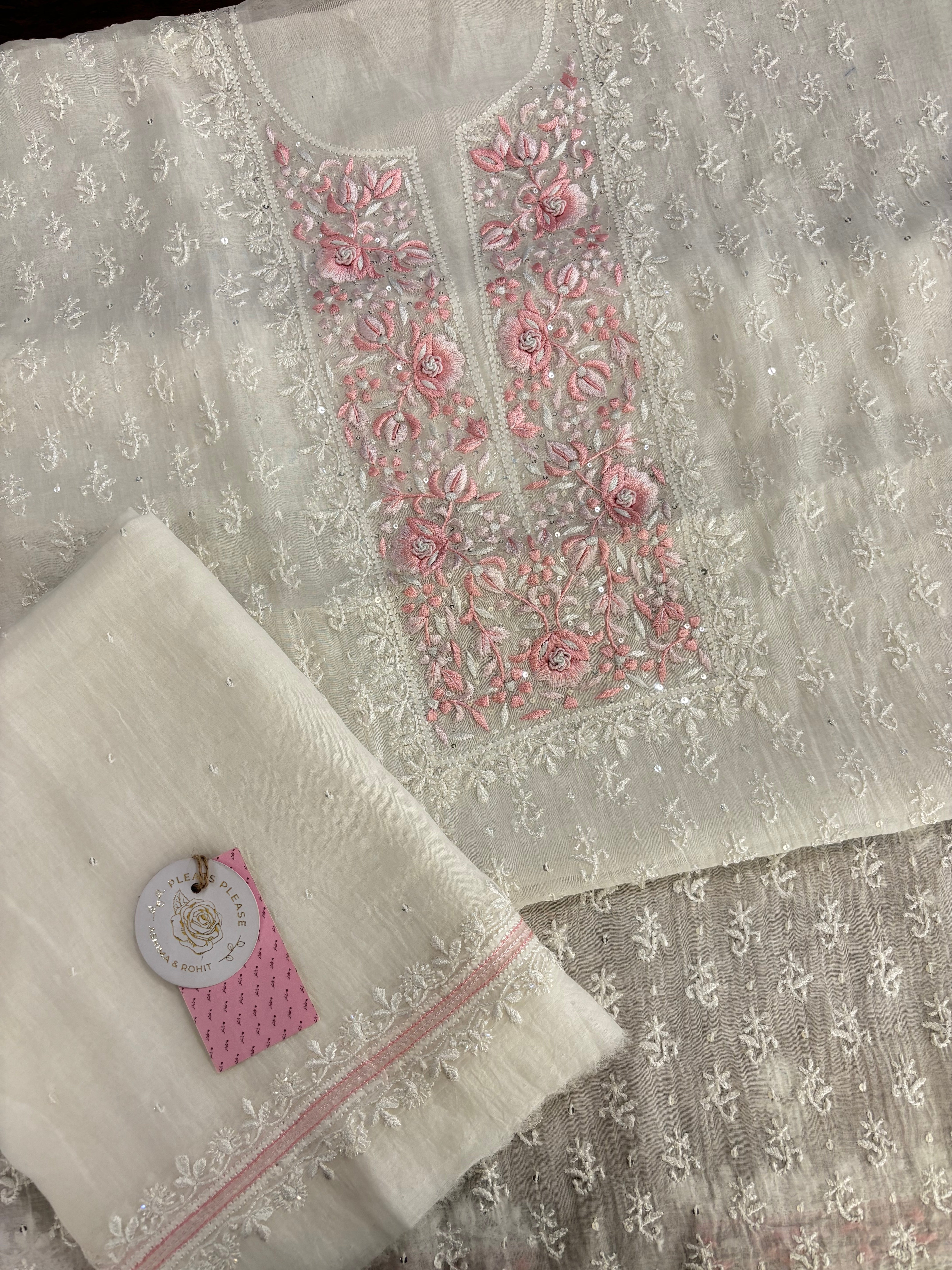 Dyeable Chanderi Parsi Gara Chikankari Kurta & Dupatta