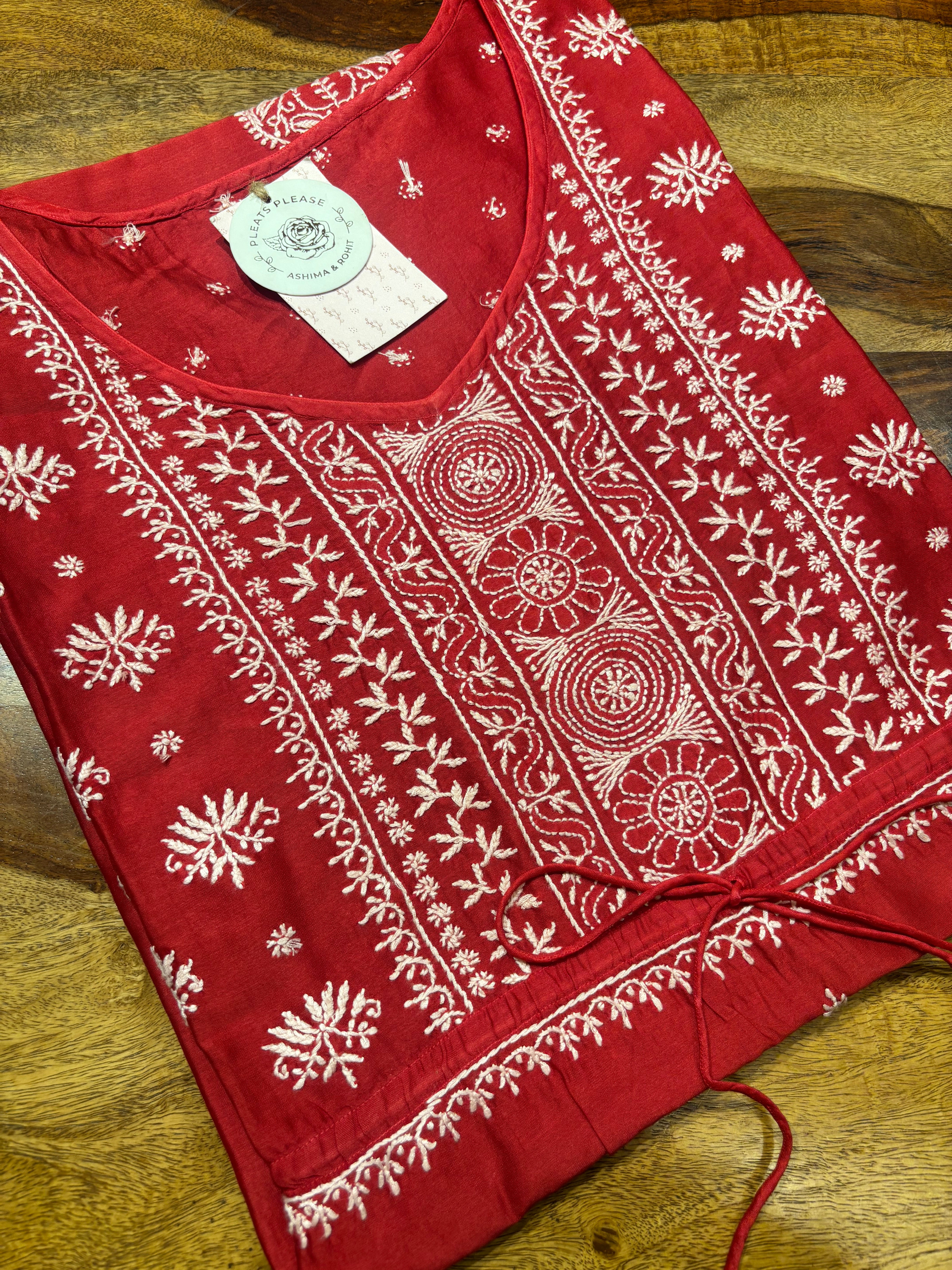Red Chanderi Silk Chikankari Kaftan