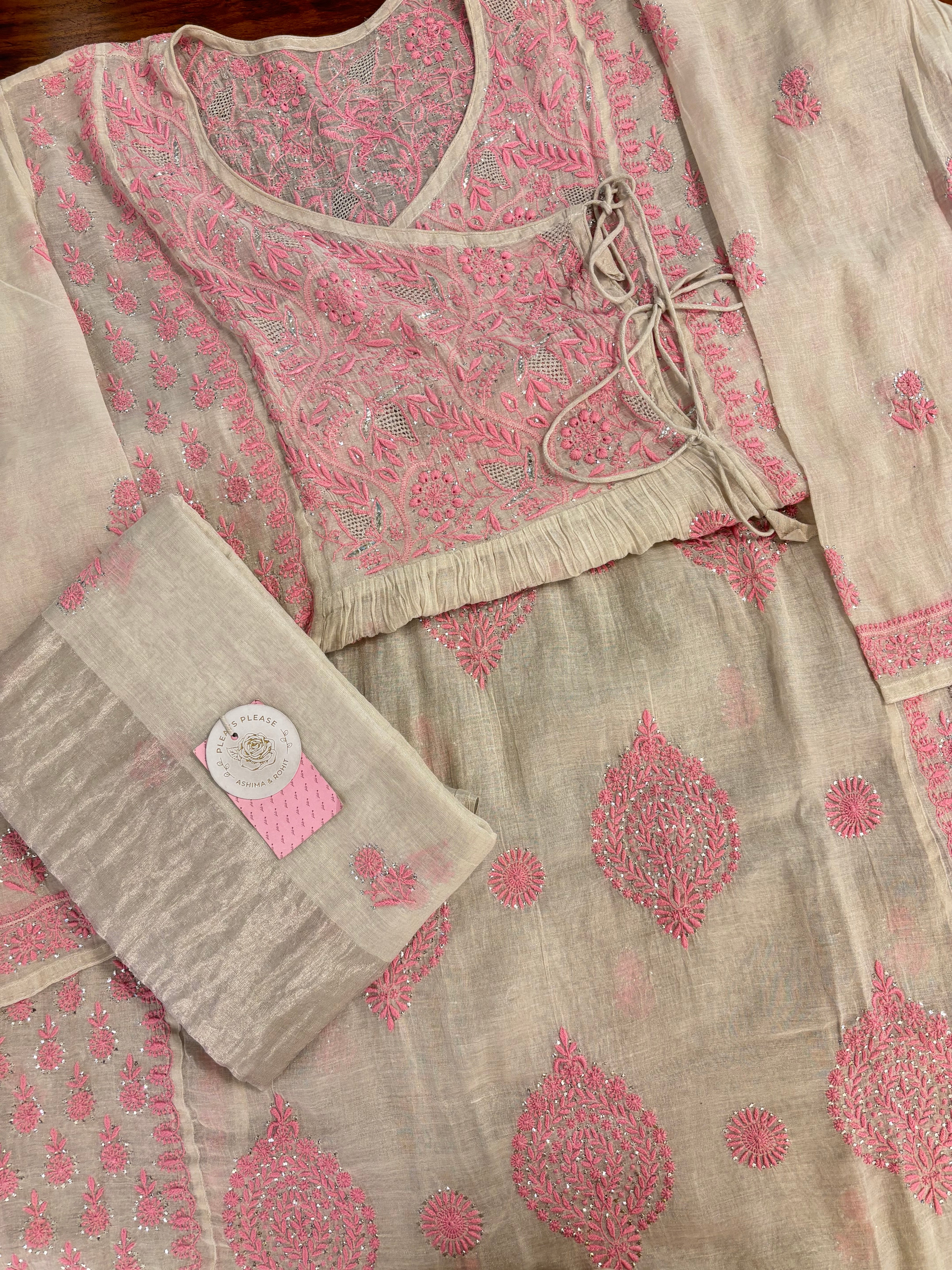 Dyeable Pure & Premium Silver Tissue Mukaish Chikankari Angrakha Kurta & Dupatta Set - Pleats PleaseChikankari