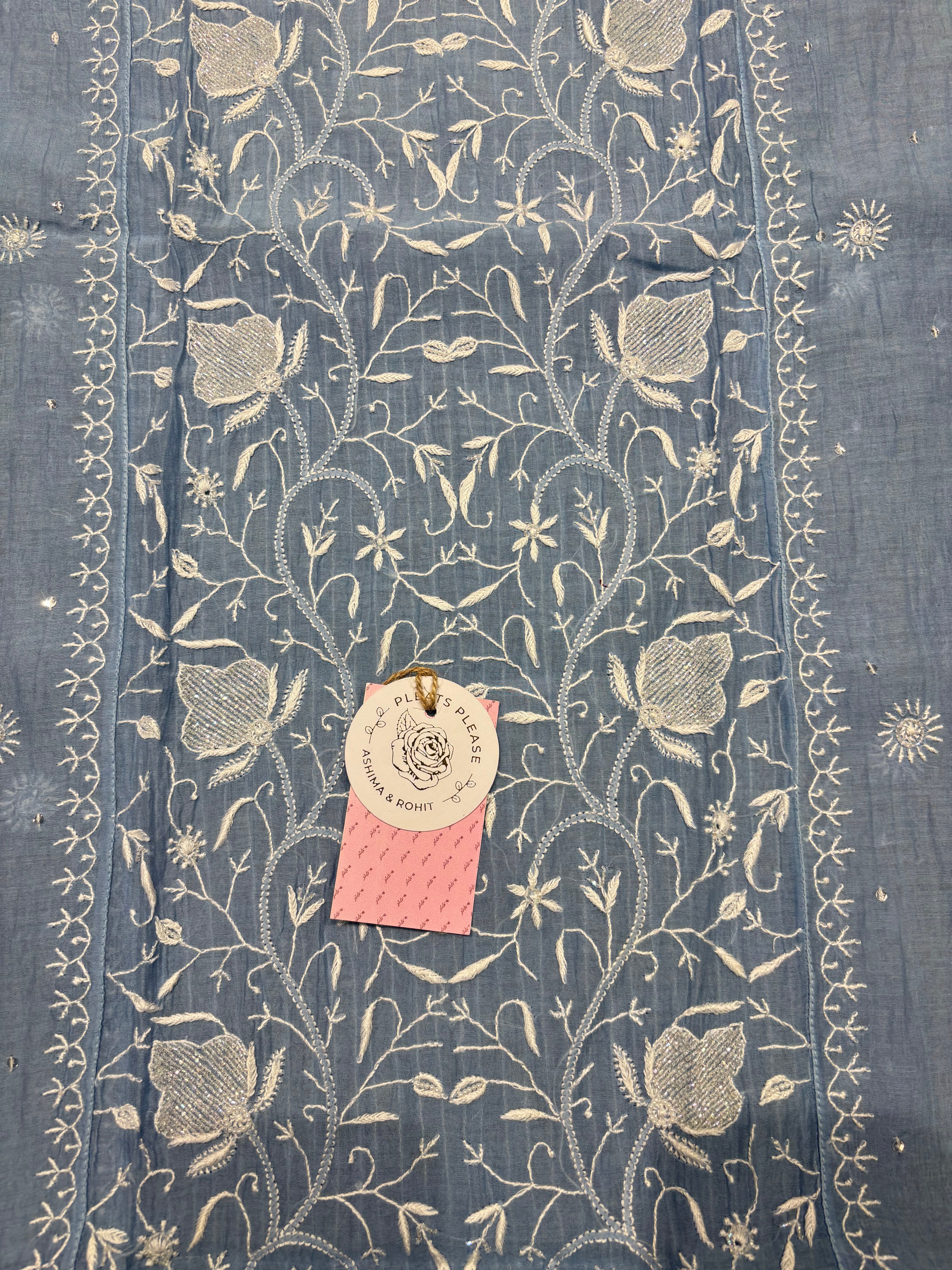 Blue Chanderi Mul Chikankari Kurta & Dupatta Set