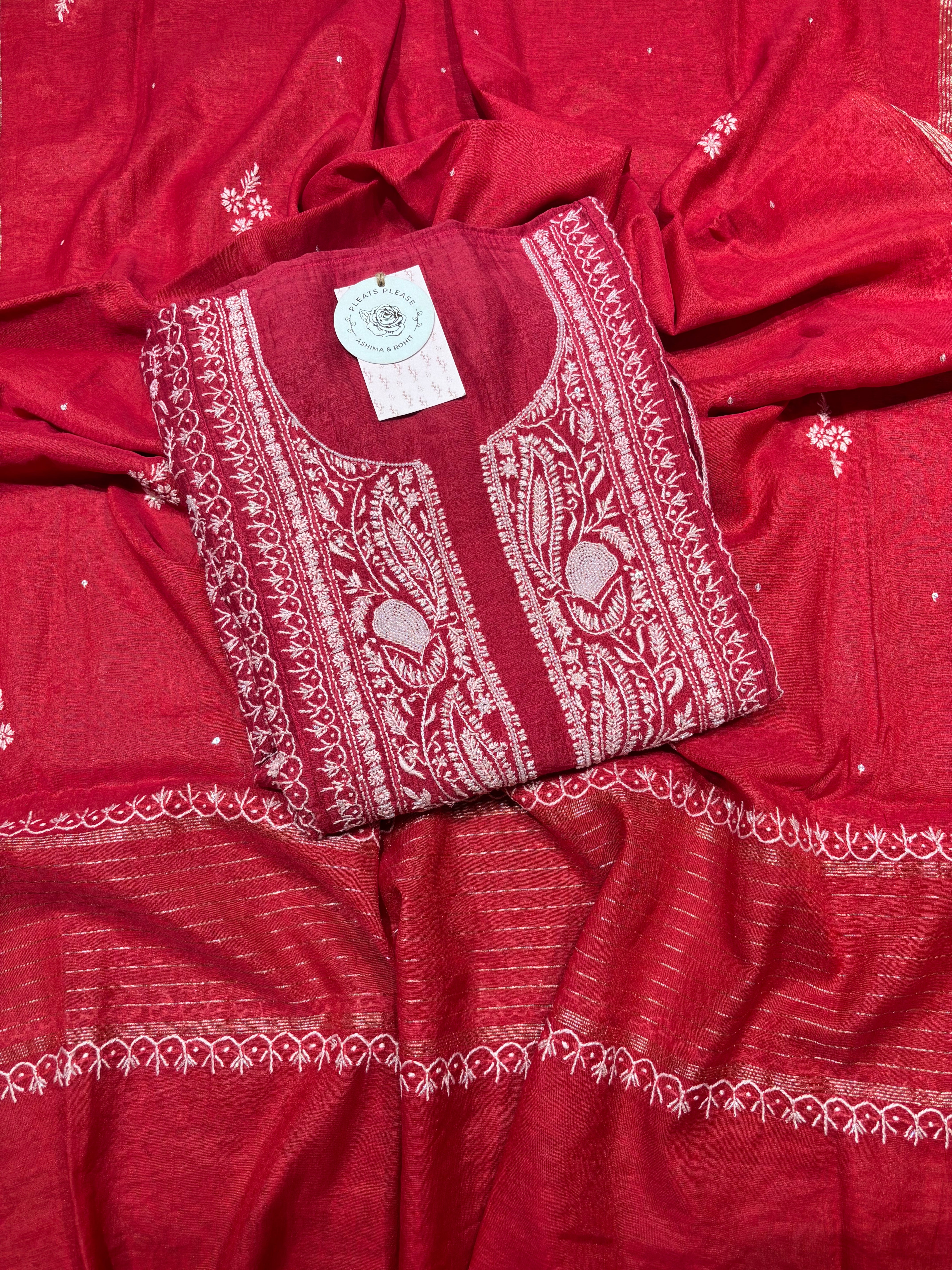 Red Chanderi Mul Chikankari Kurta & Dupatta Set