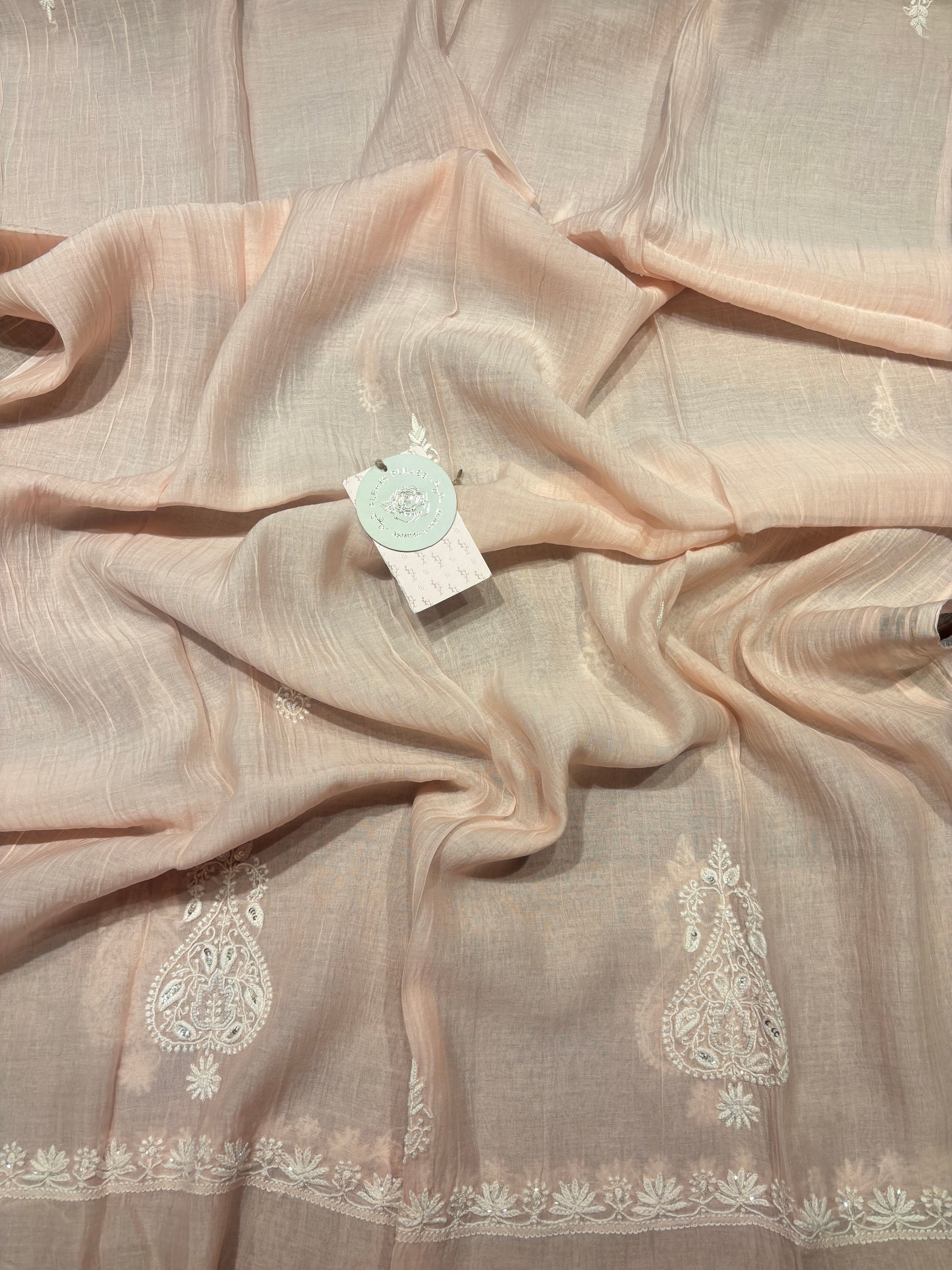 Peach Chanderi Mul Chikankari Kurta & Dupatta Set