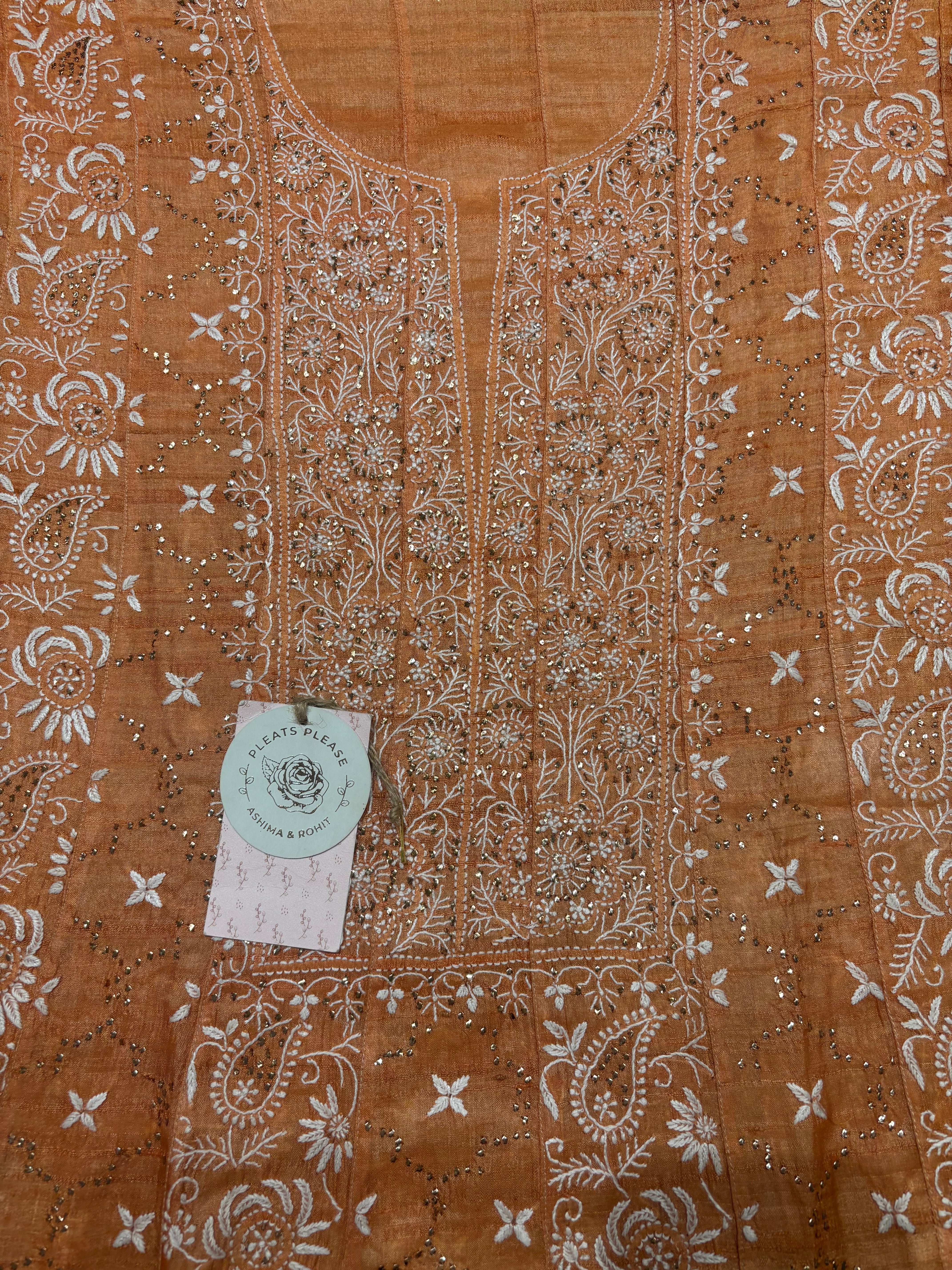 Orange Pure And Premium Tussar Silk Chikankari & Mukaish Anarkali and Dupatta Set