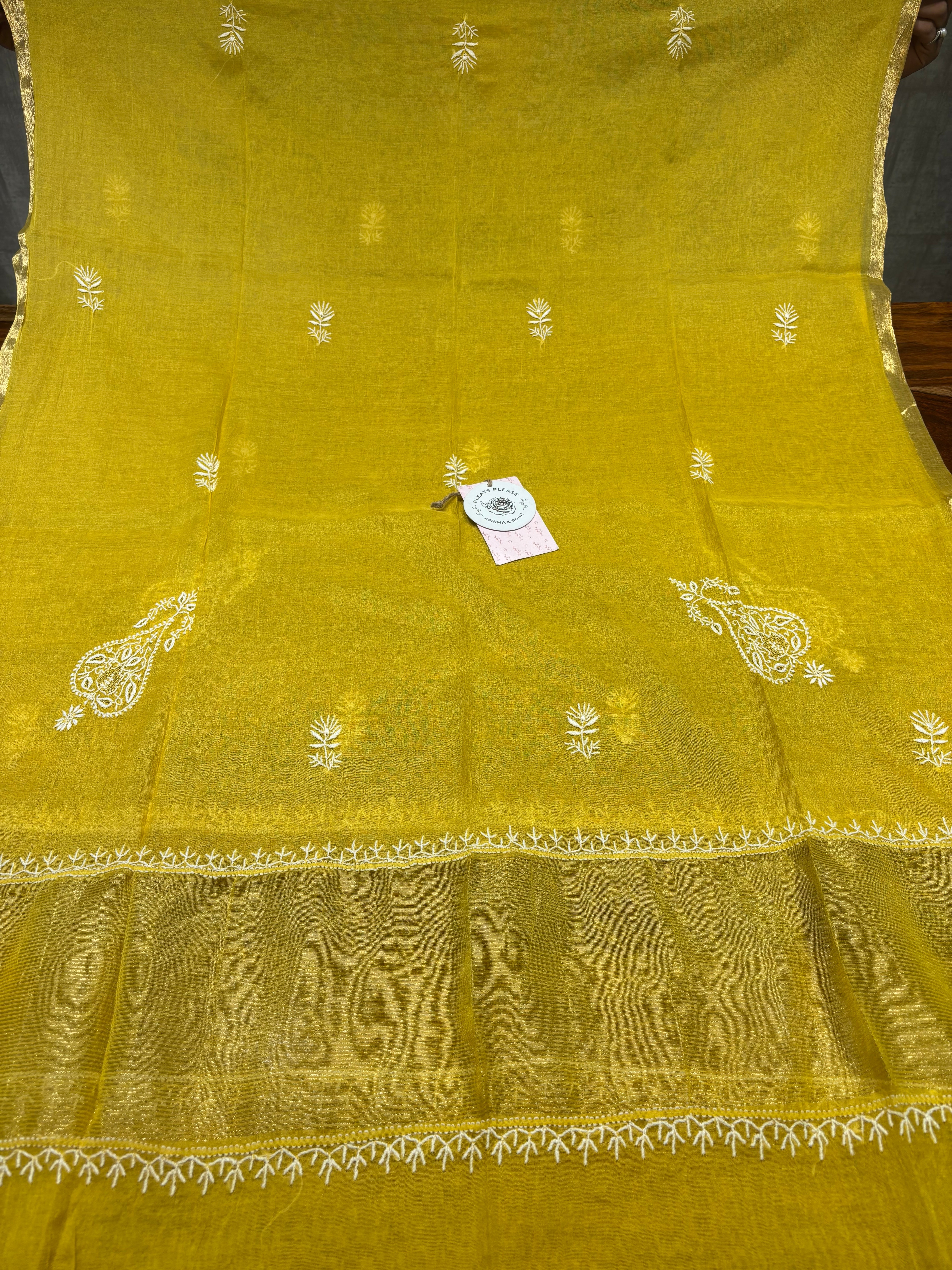 Yellow Chanderi Silk Chikankari Kurta & Dupatta Fabric