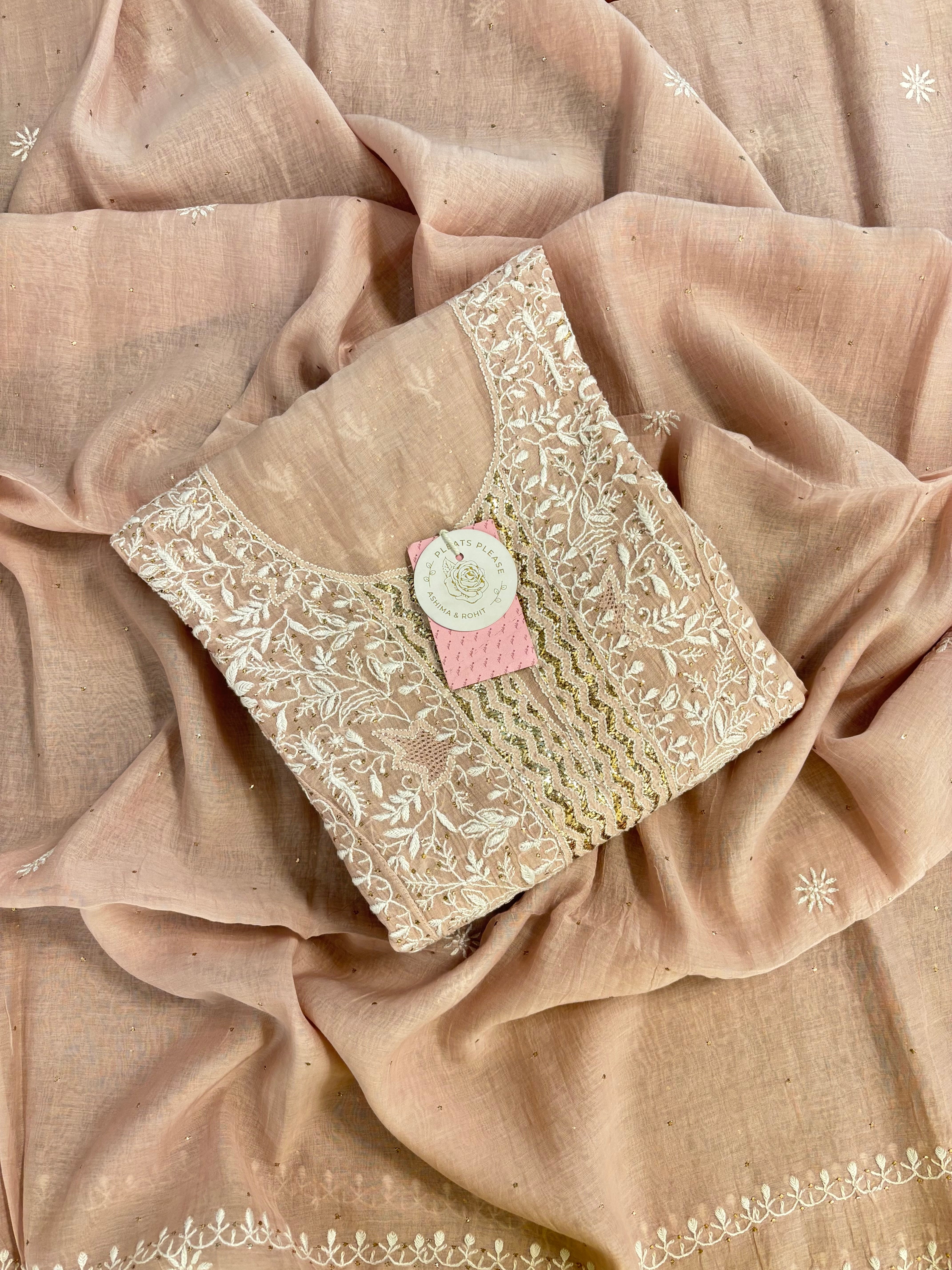 Peachy Rose Chanderi Mul Mukaish & Chikankari Kurta & Dupatta
