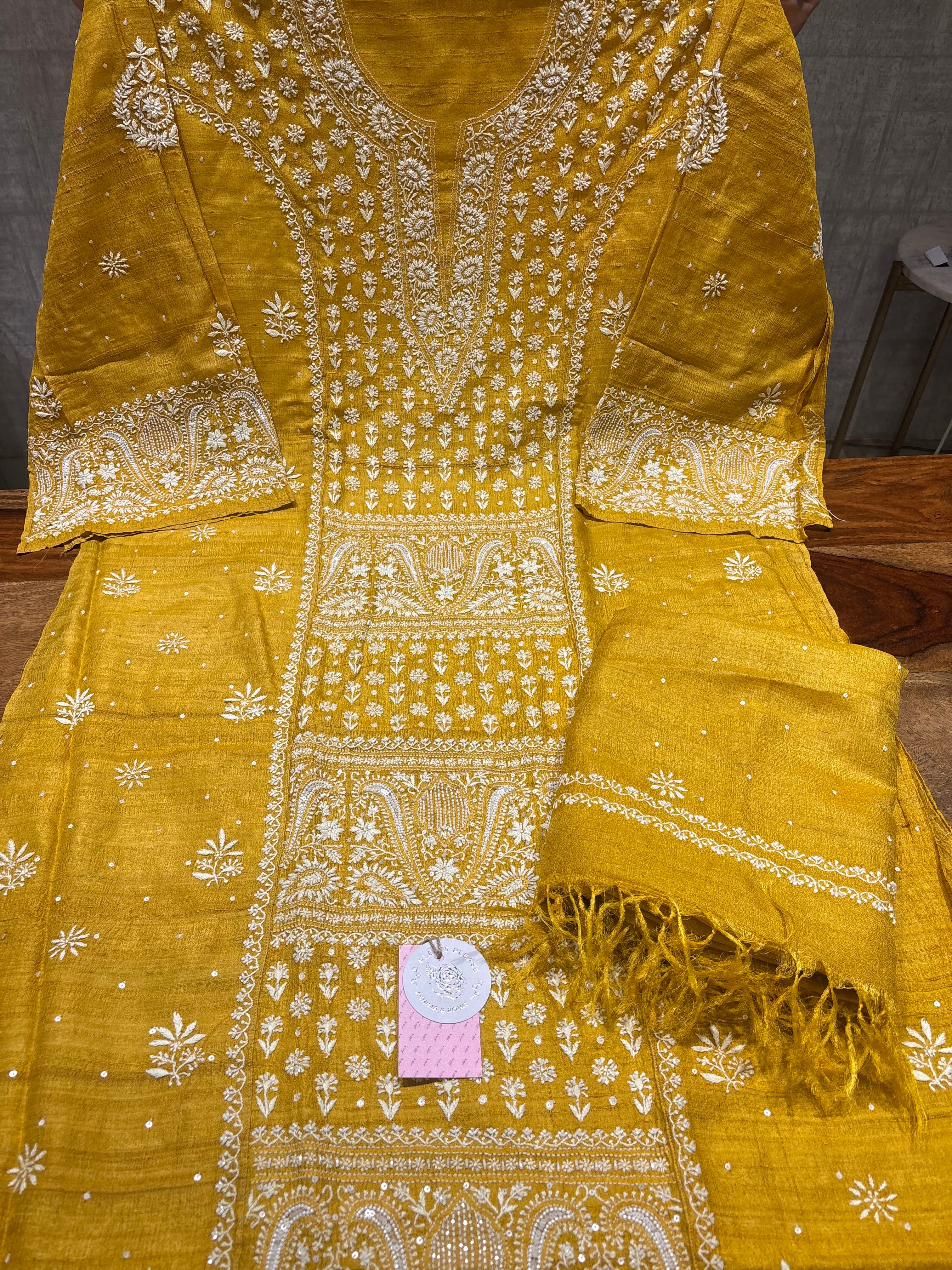 Mustard pure and premium Tussar Silk Chikankari Kurta and Dupatta Set