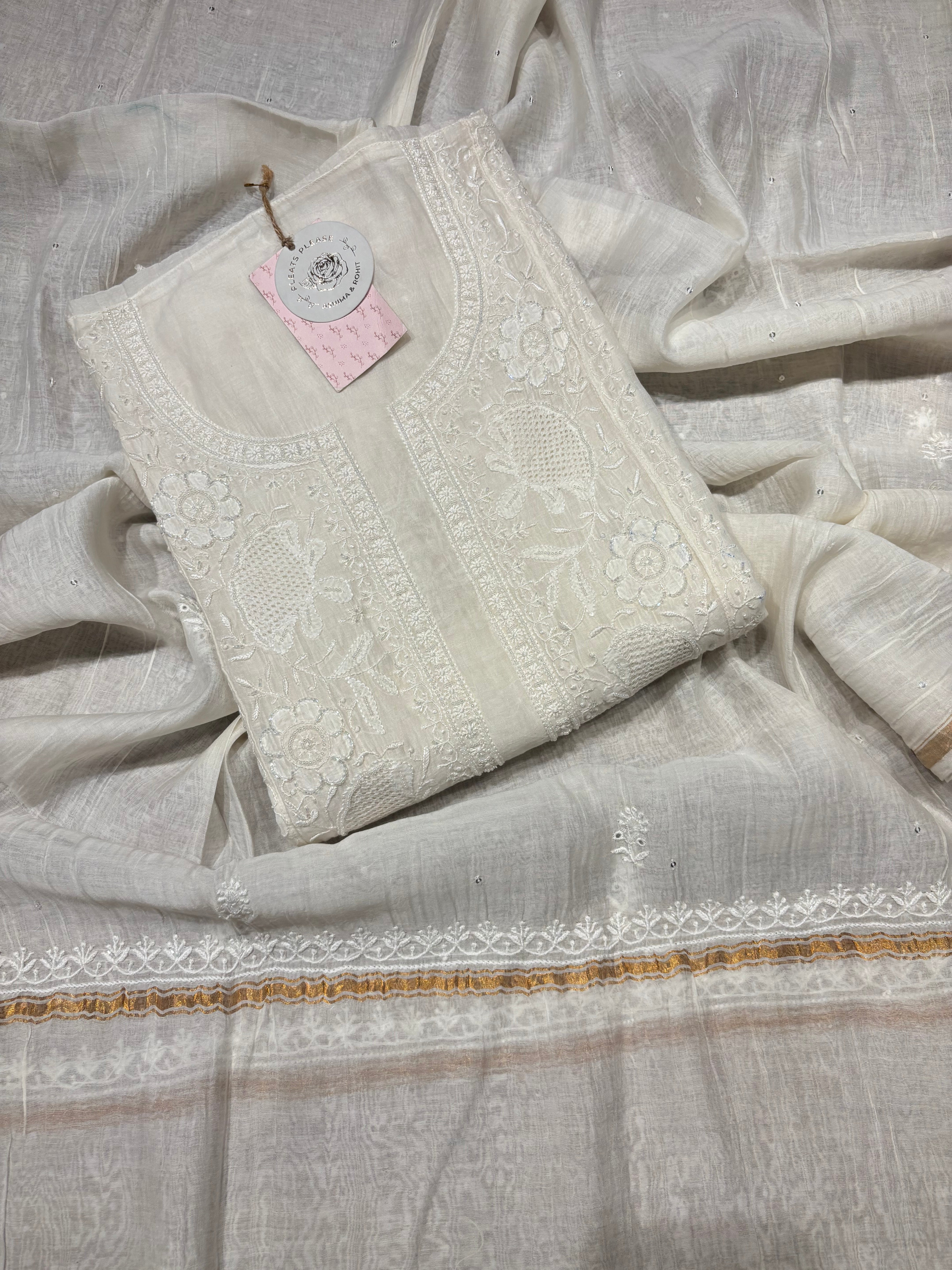 Dyeable Chanderi Mul Chikankari Kurta and Dupatta set