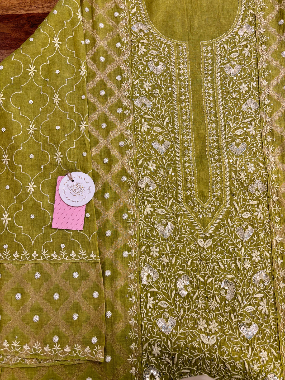 Bright Green Tissue Chanderi Chikankari Kurta & Dupatta