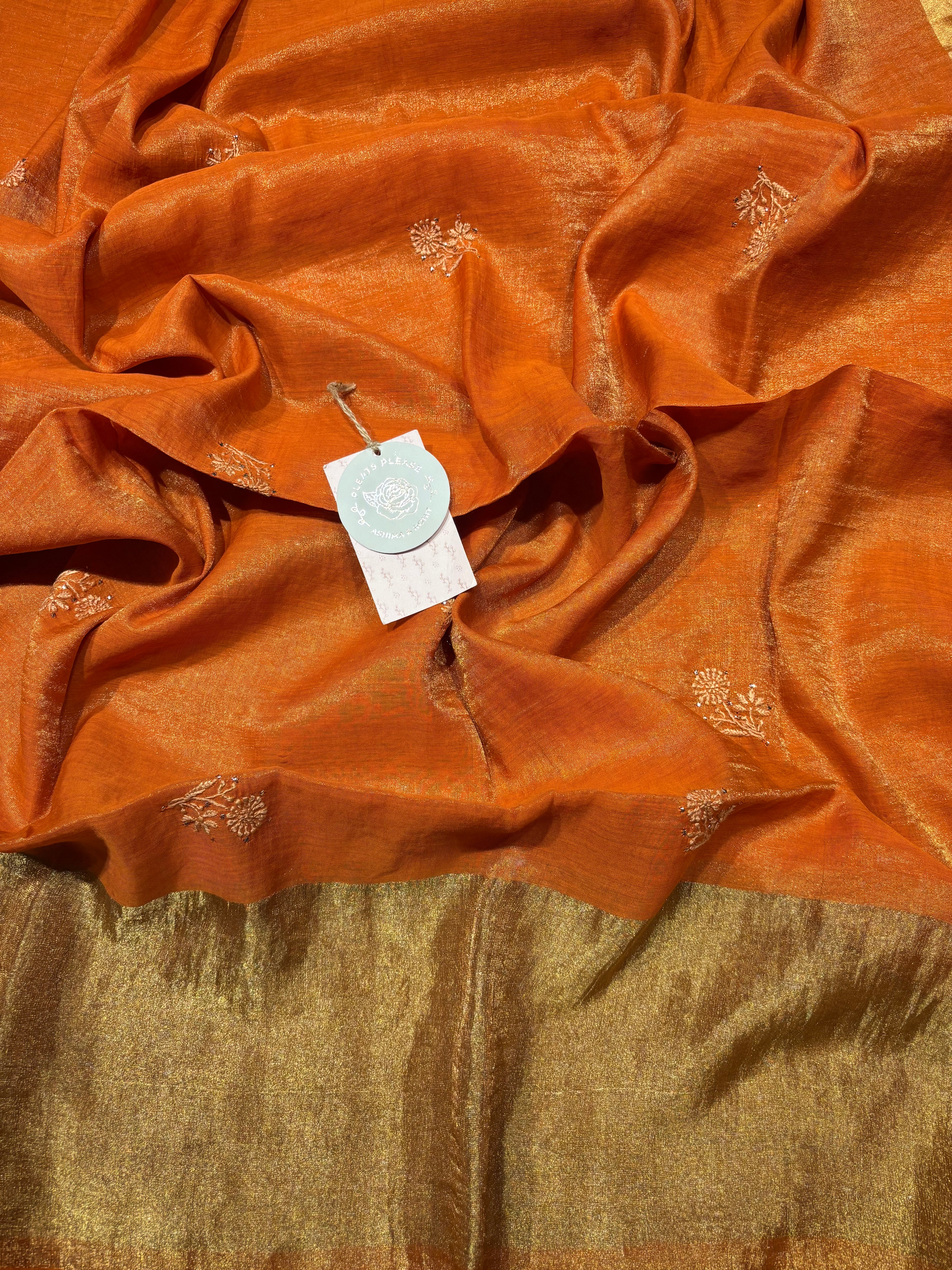 Burnt Orange Pure Tissue Chikankari Angrakha Kurta and Dupatta set