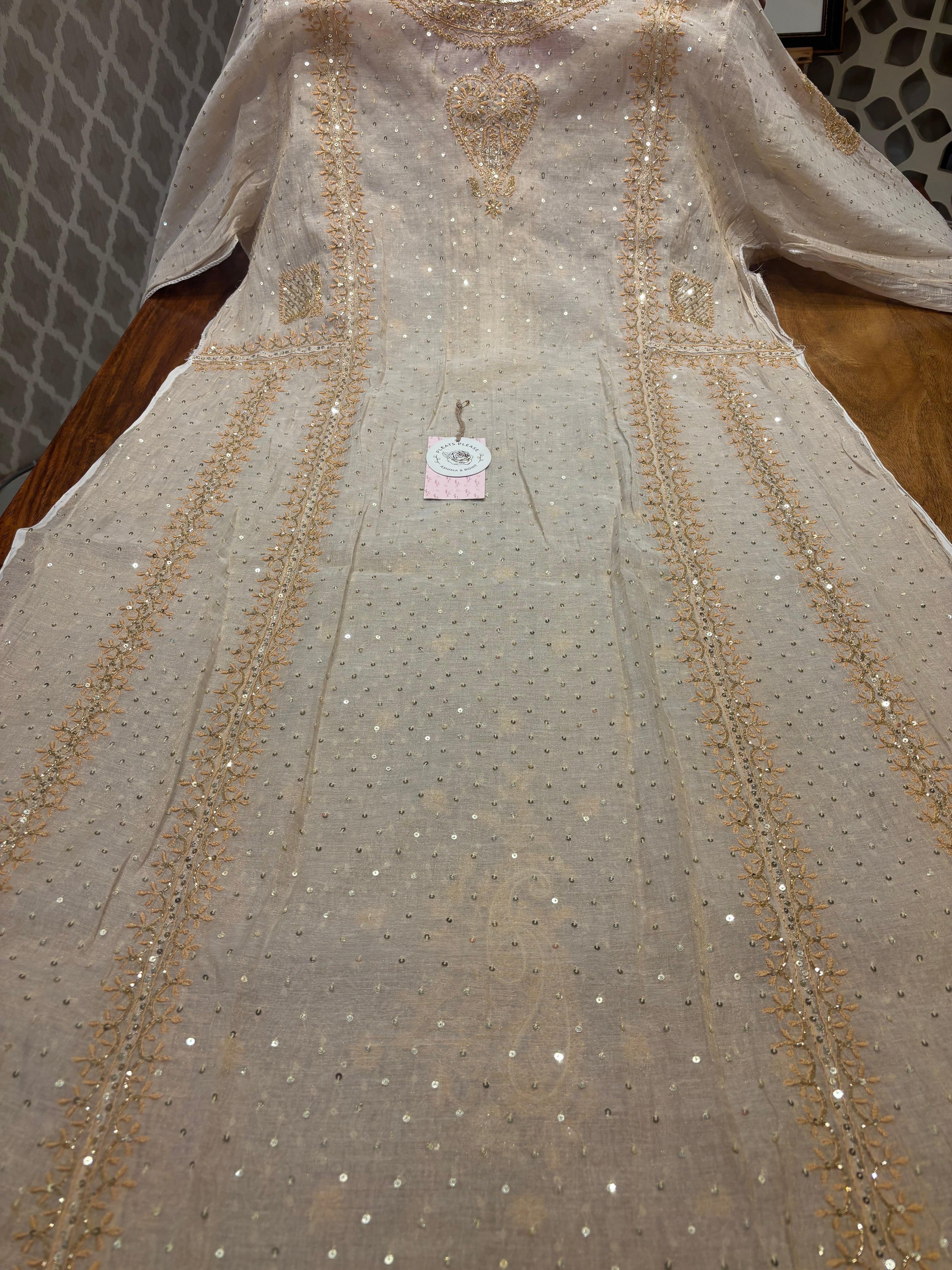 Dyeable Golden Pure Tissue Chikankari A line Anarkali and Dupatta Pearl Neckline