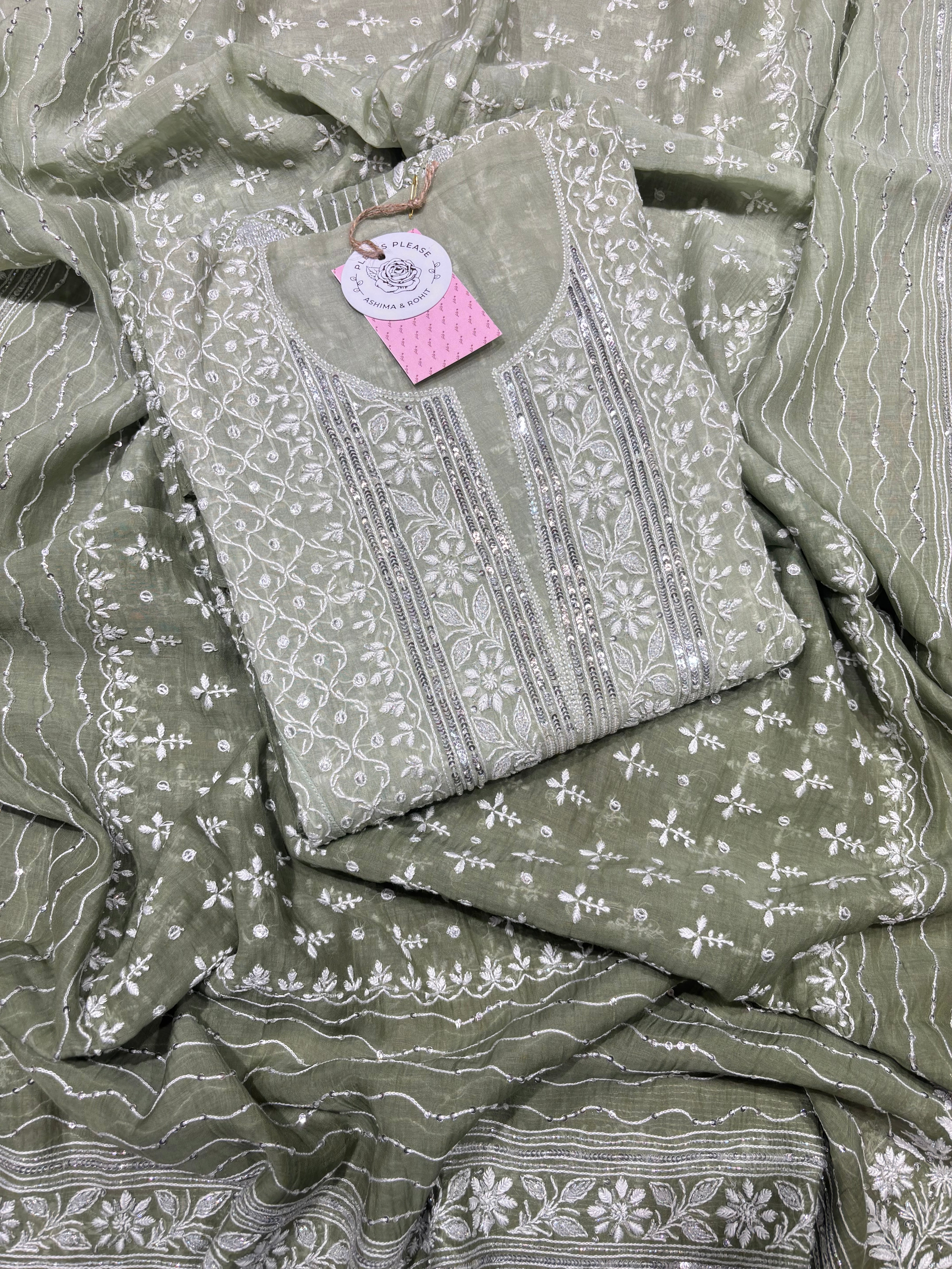 Green Ombre Chanderi Mul Chikankari kurta and Dupatta Set