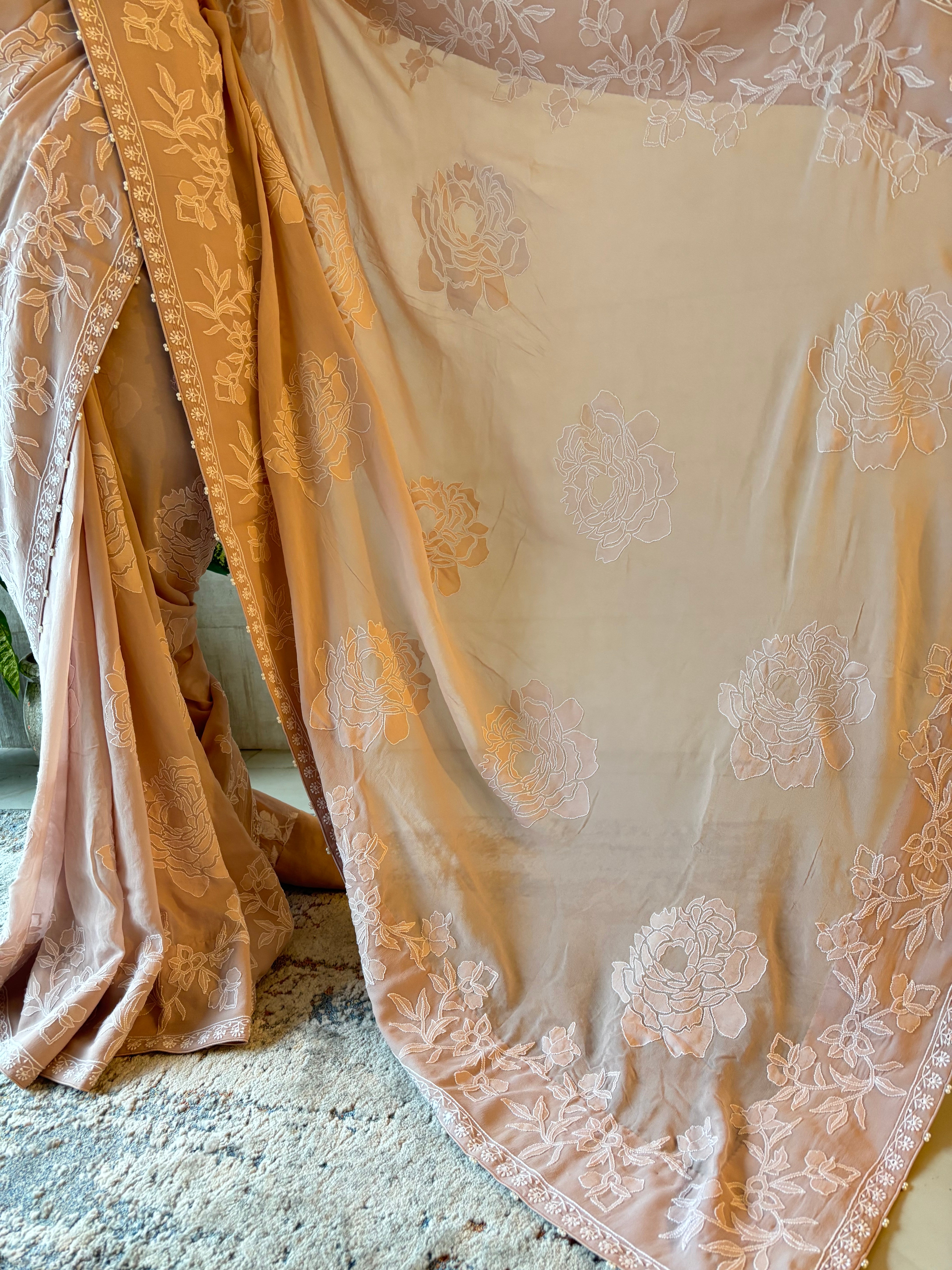 Dusty Peach Pure & Premium Georgette Chikankari Saree & Blouse