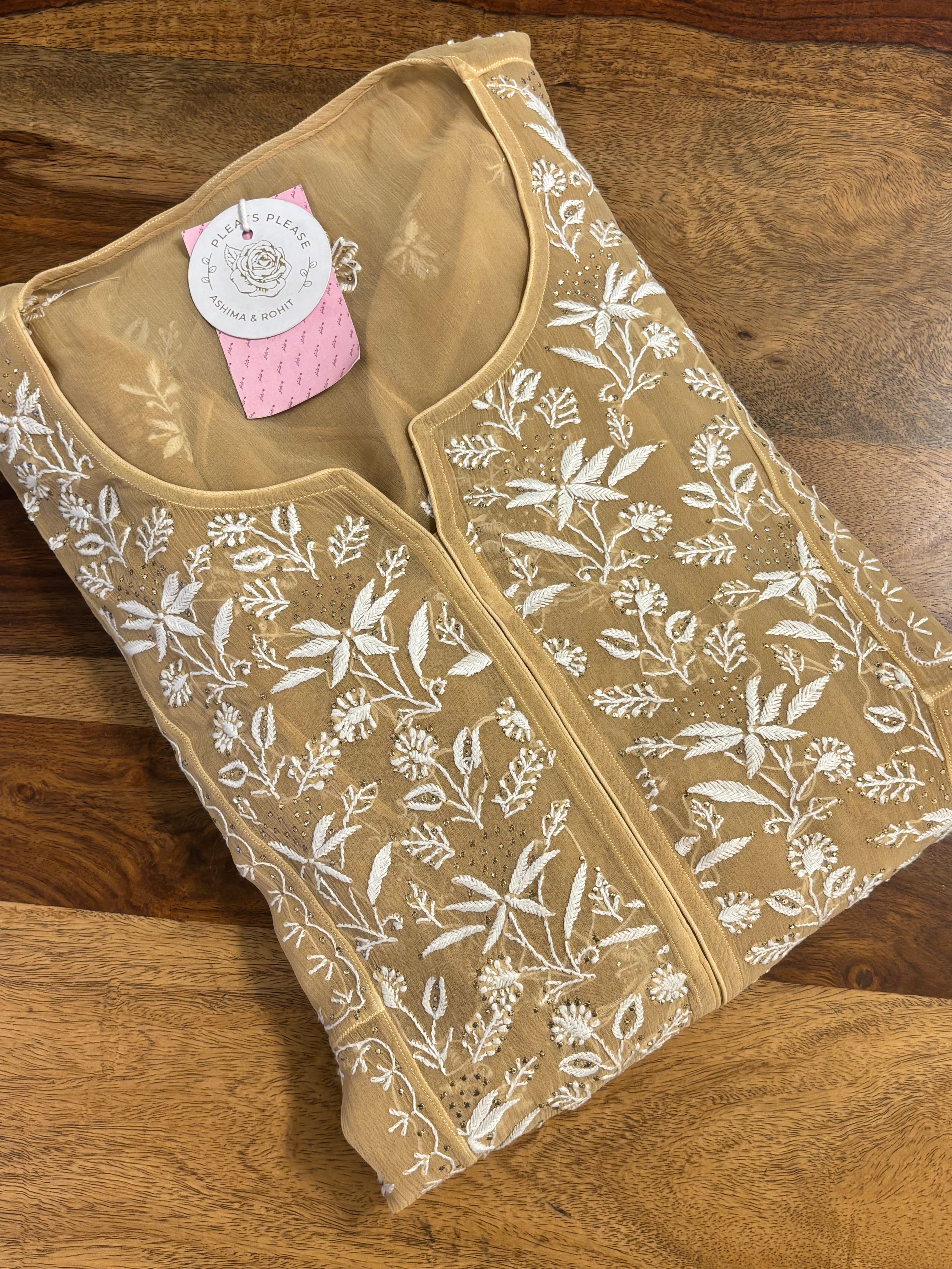Beige-Gold Pure Chiffon Front Tucks Mukaish & Chikankari Kurta
