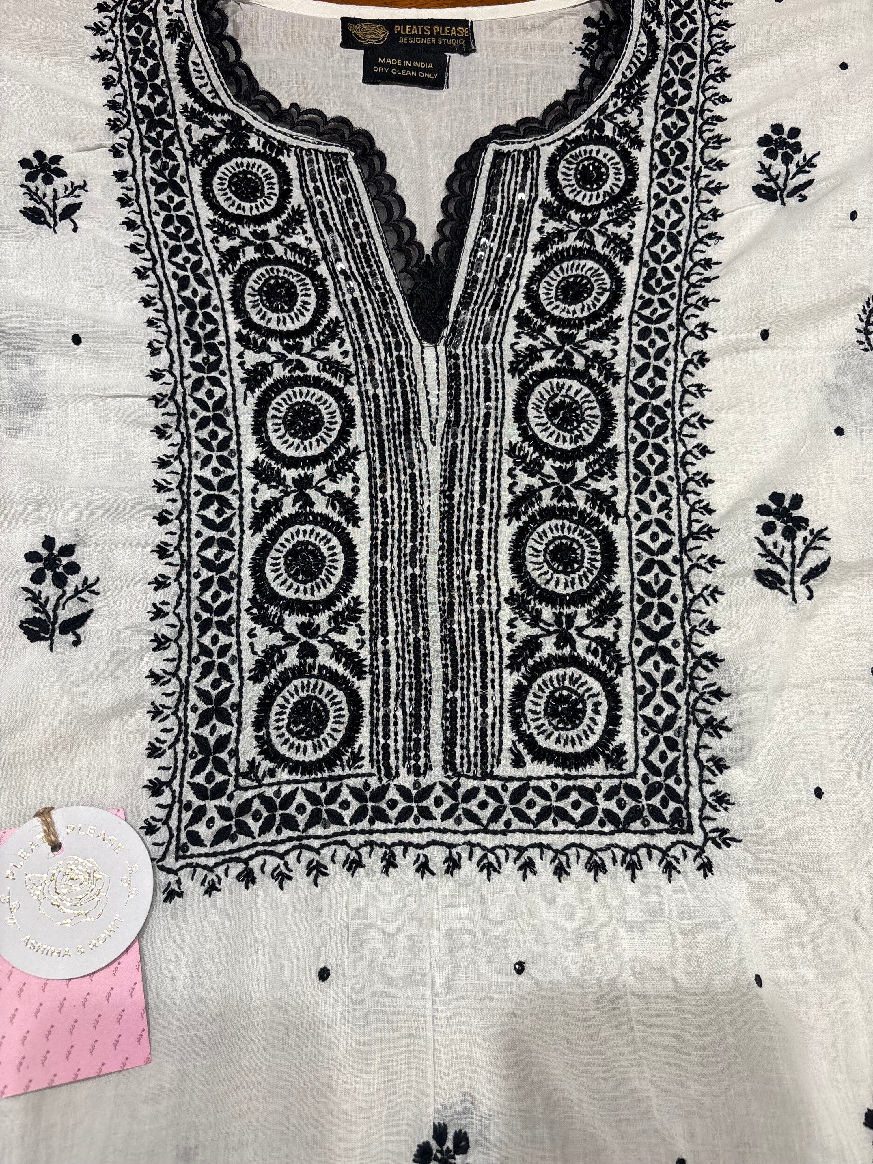 White & Black Chikankari MulMul Kurta Fabric