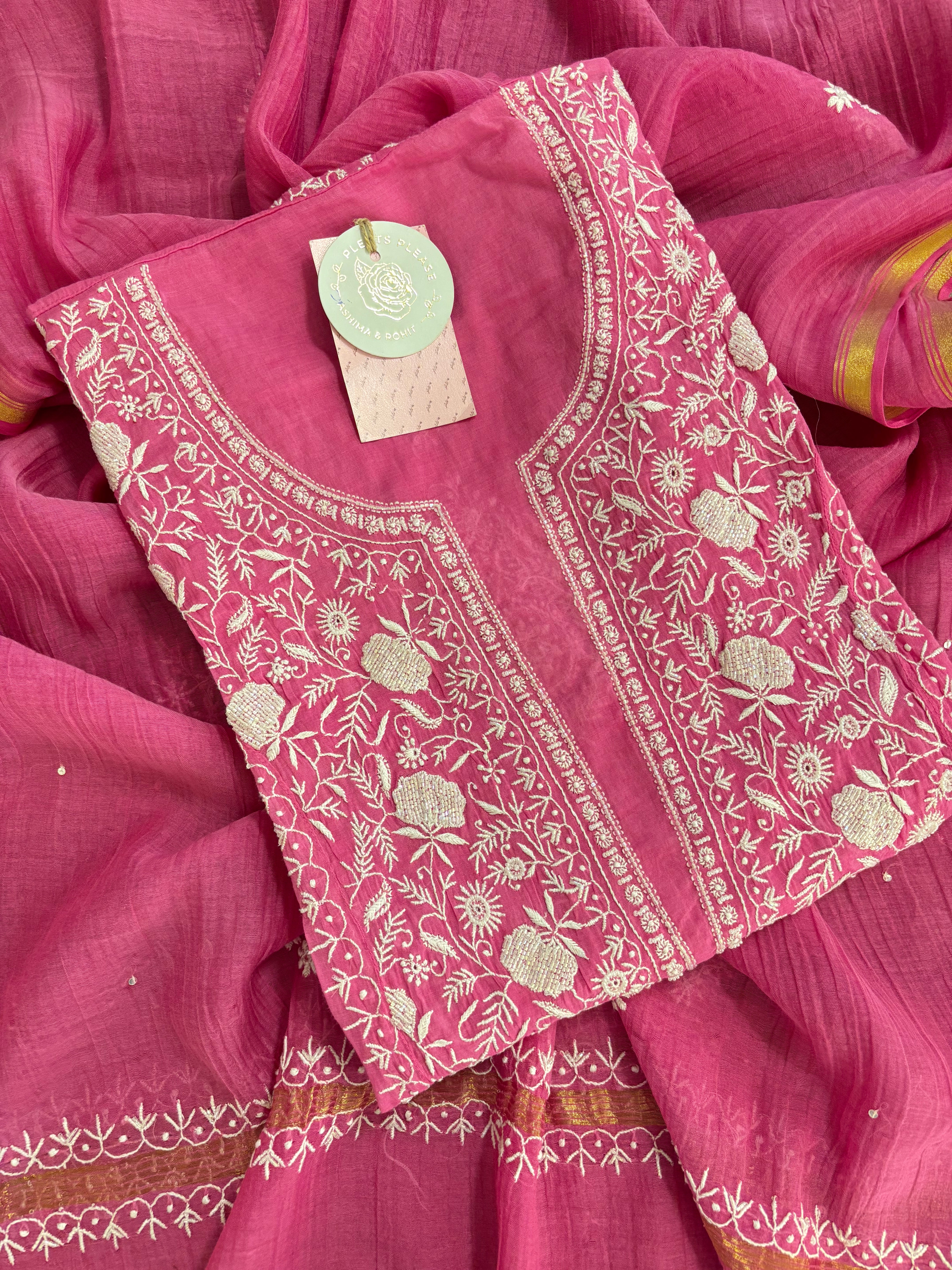 Magenta Chanderi Cotton Chikankari Kurta & Dupatta