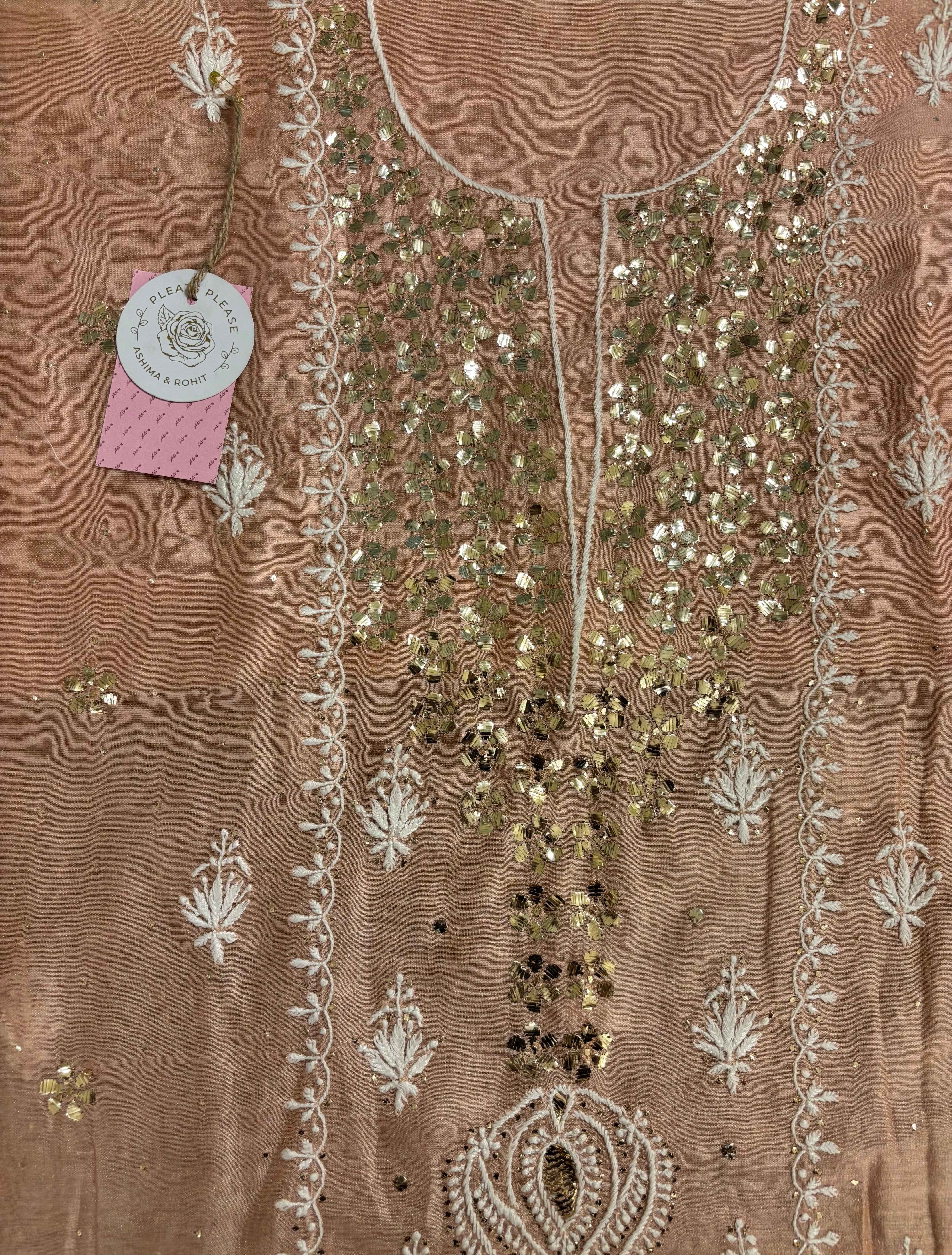 Peach Tissue Chikankari Mukaish kurta Dupatta set