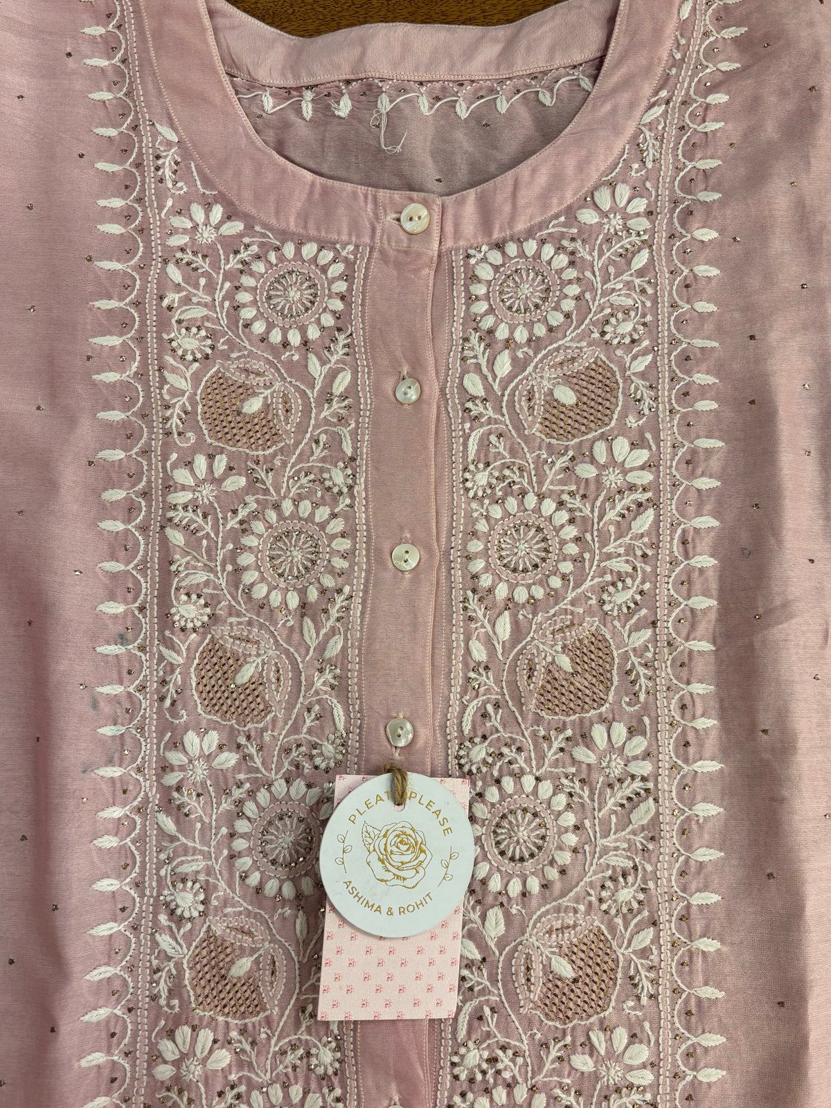 Pink Chanderi Silk Chikankari Mukaish Co-Ord Set