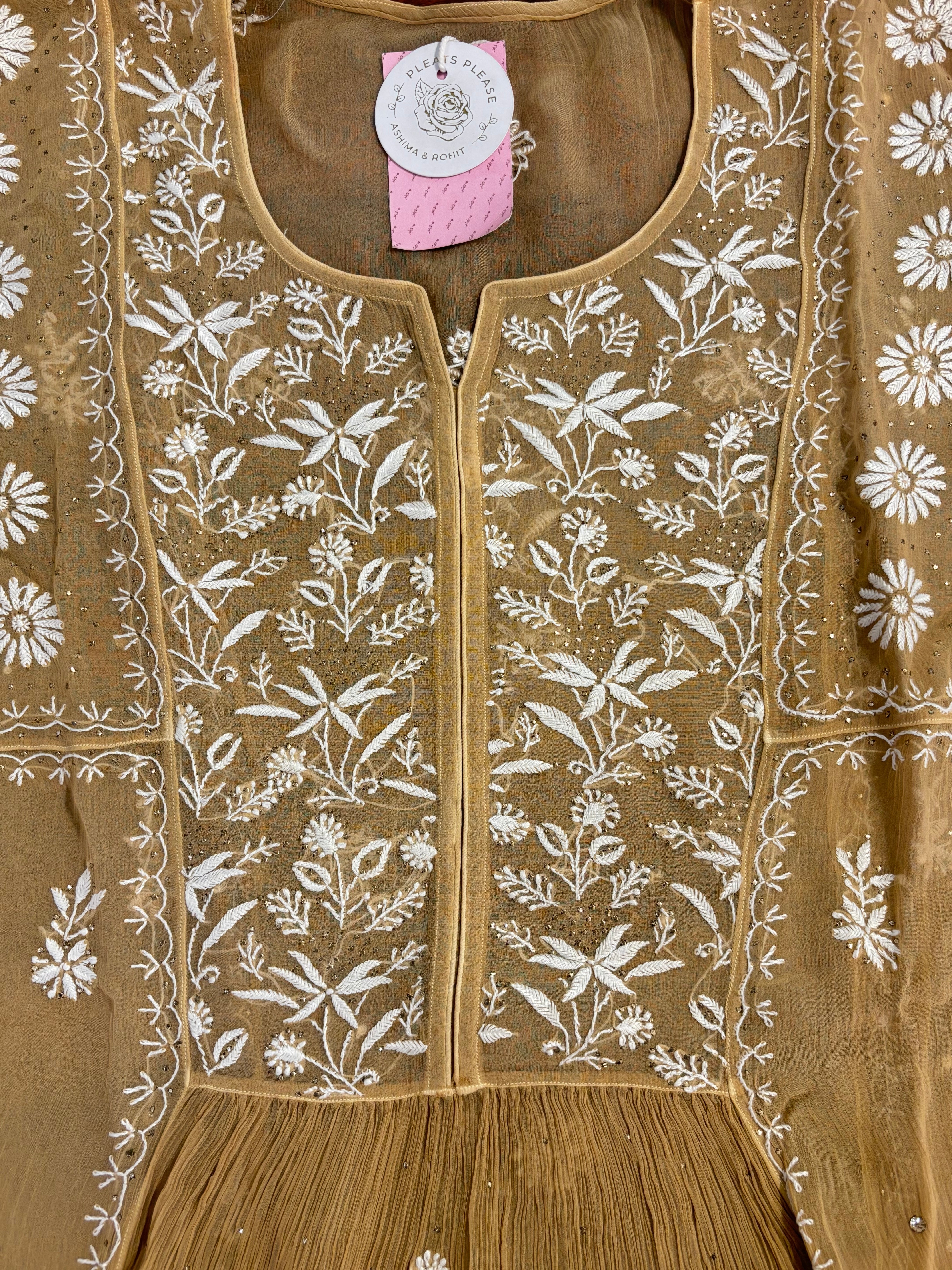 Beige-Gold Pure Chiffon Front Tucks Mukaish & Chikankari Kurta