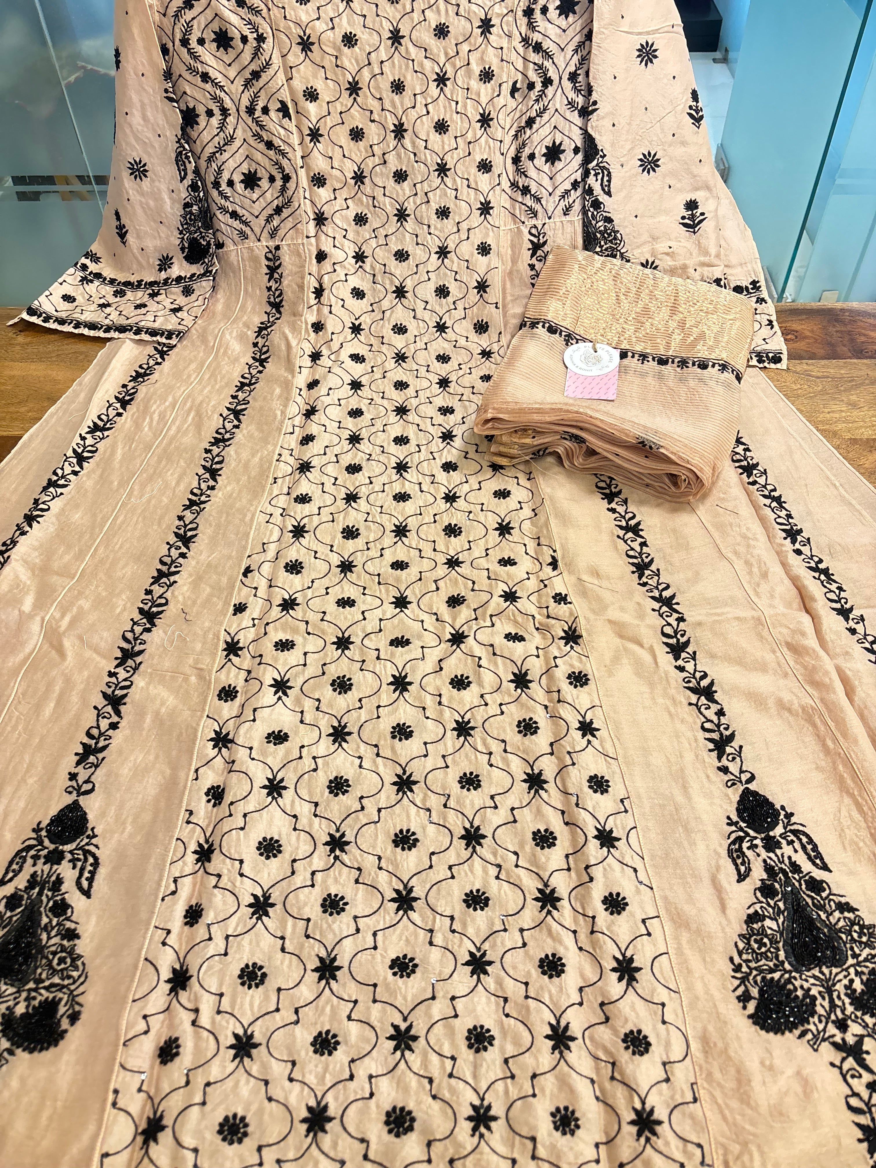 Blush Cream Chanderi Chikankari Anarkali & Dupatta Set