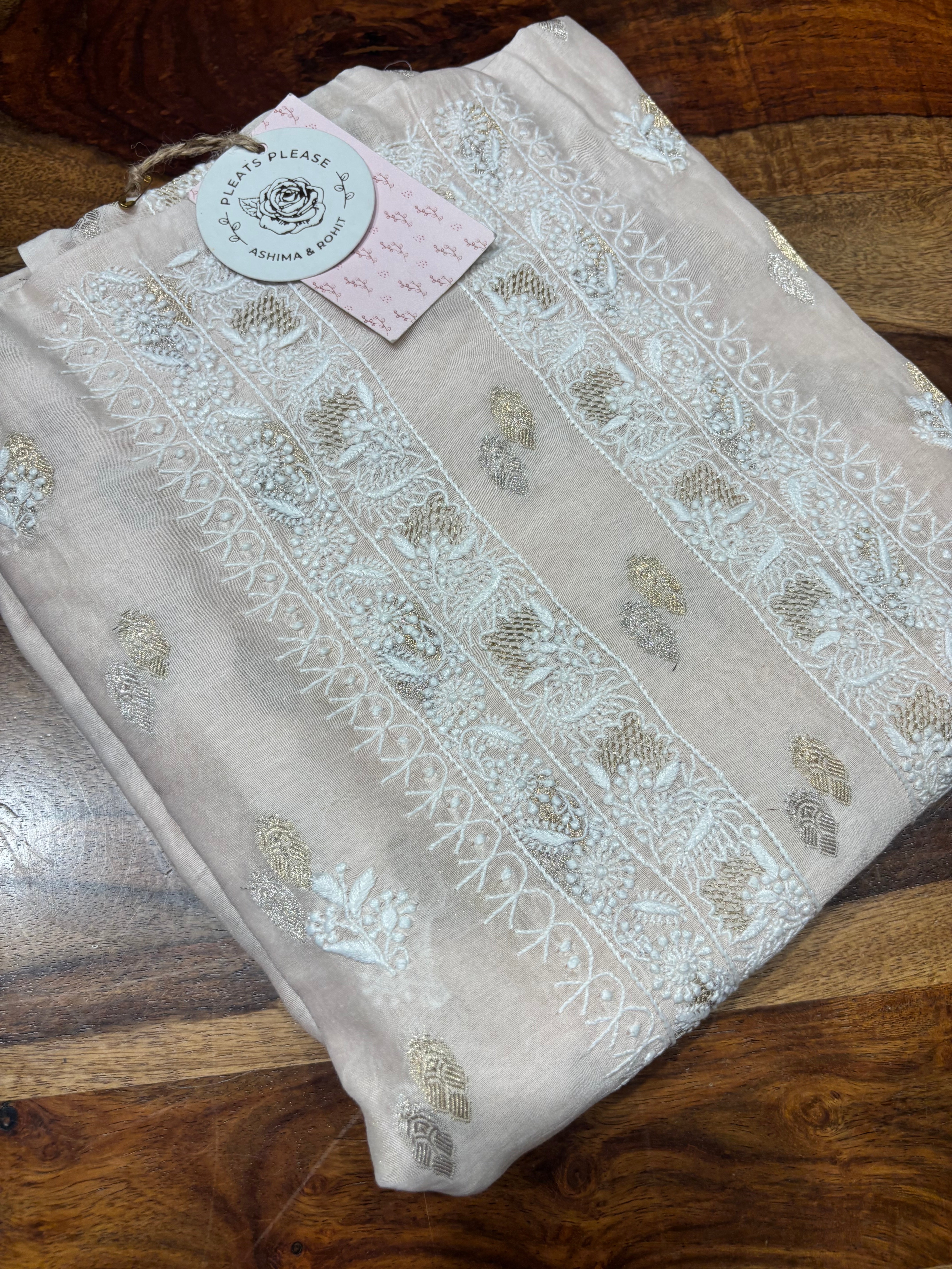 Nude Pink Chanderi Silk Chikankari Men’s Kurta Fabric