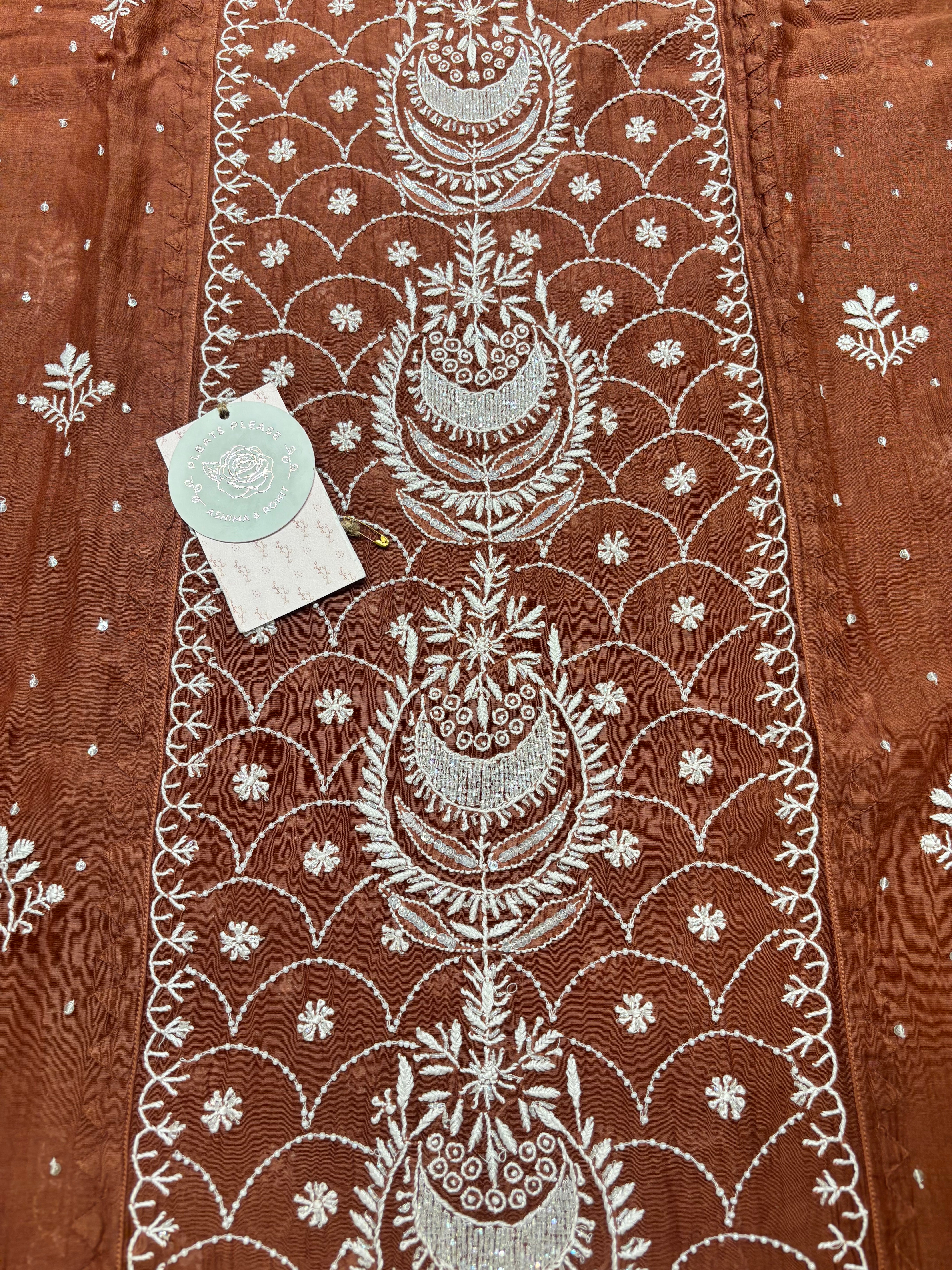 Brown Chanderi Mul Chikankari Kurta & Dupatta Set