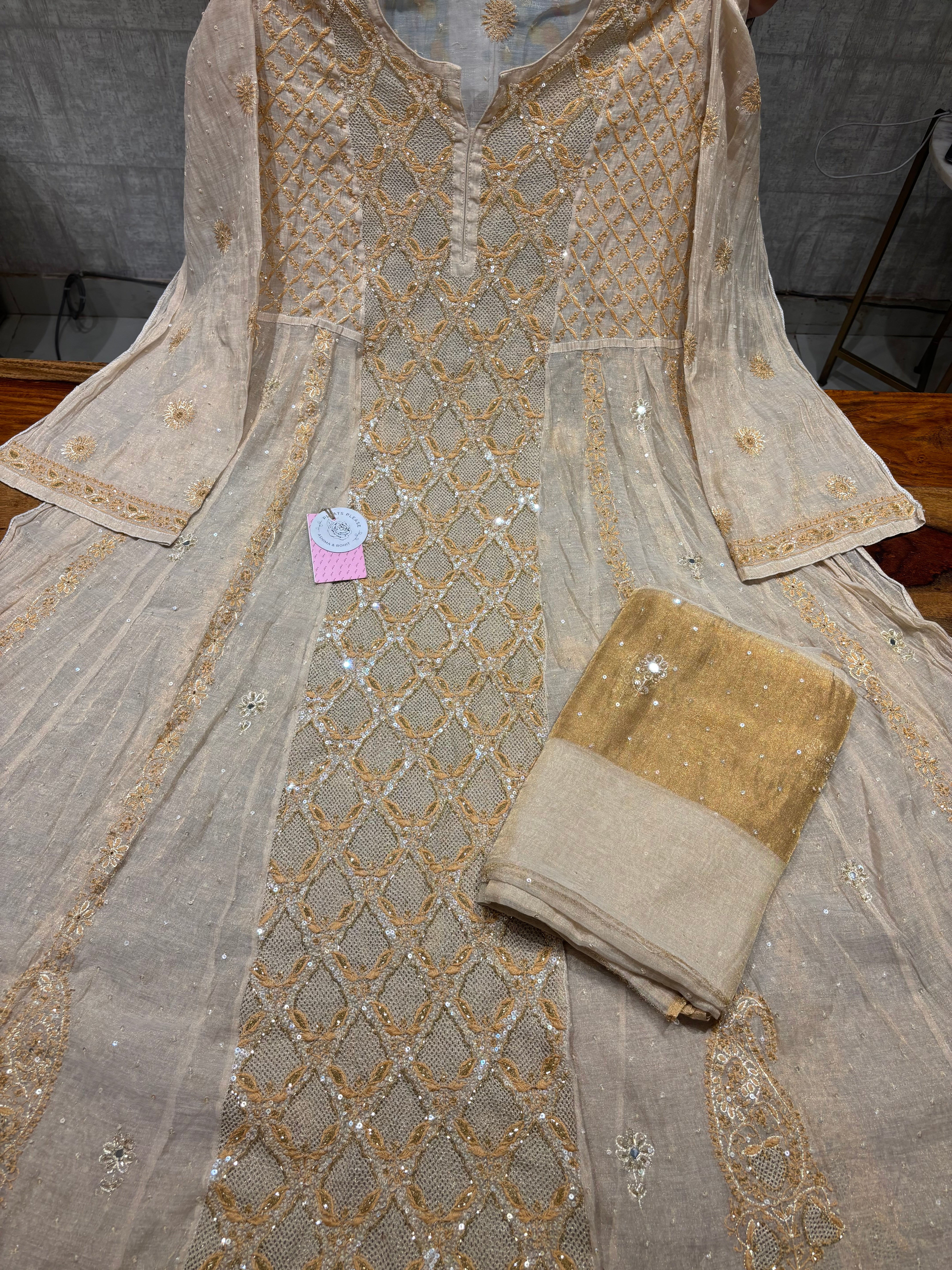 Dyeable Pure & Premium Tissue Chikankari Jaali Anarkali & Dupatta Set