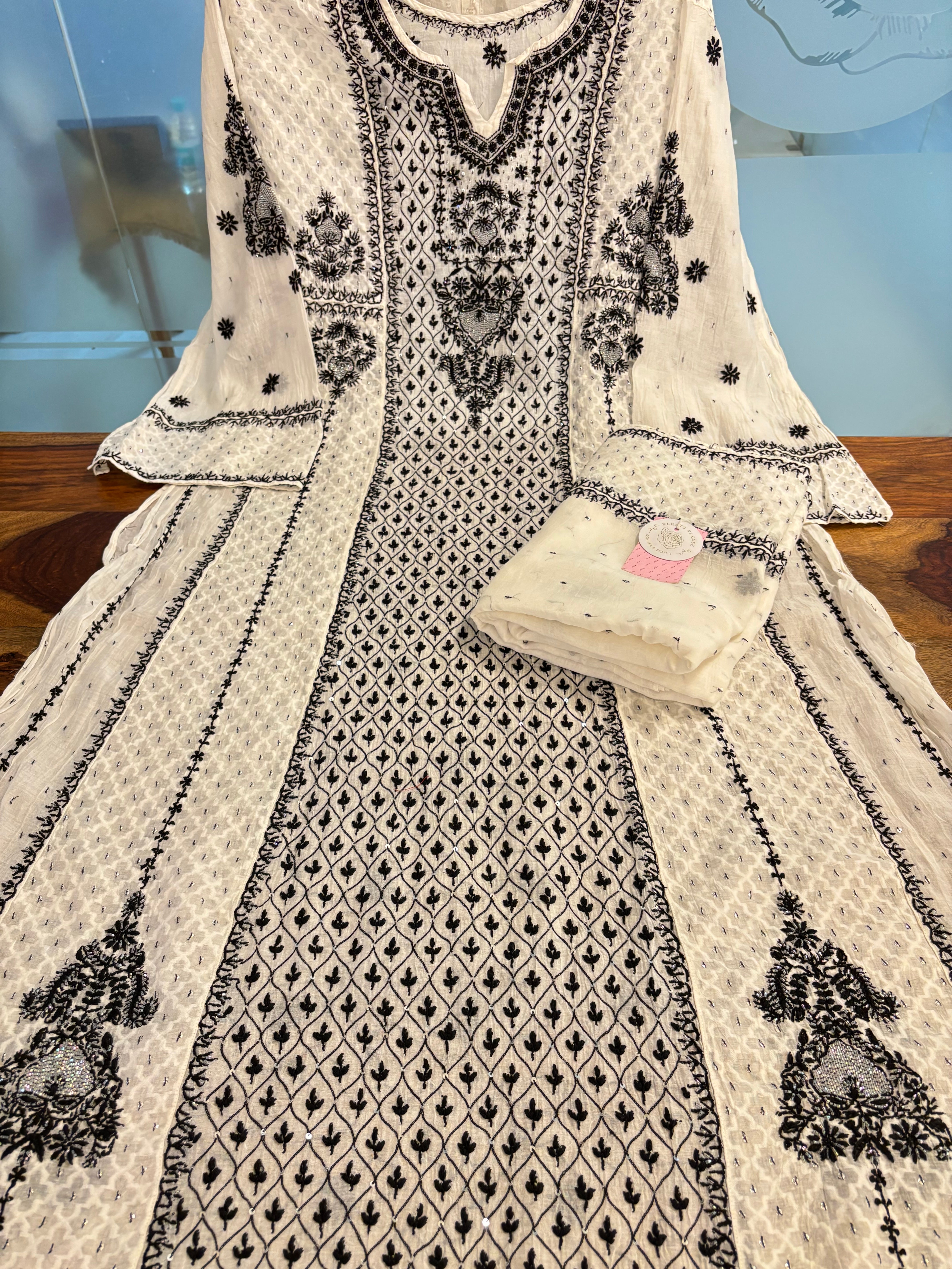 Dyeable Pure Chanderi Chikankari Anarkali & Dupatta Set