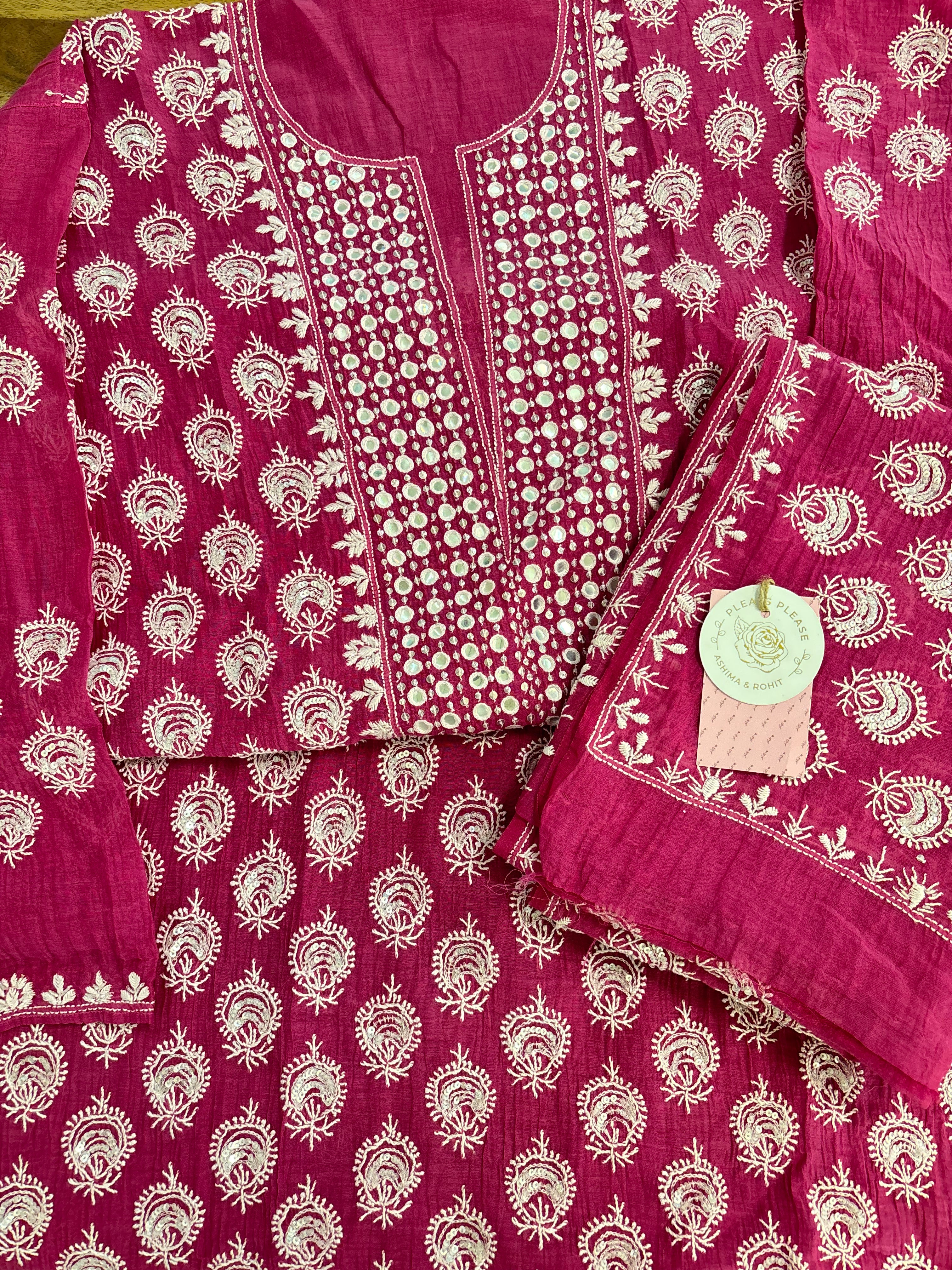 Magenta Chanderi Mul Chikankari Kurta & Dupatta