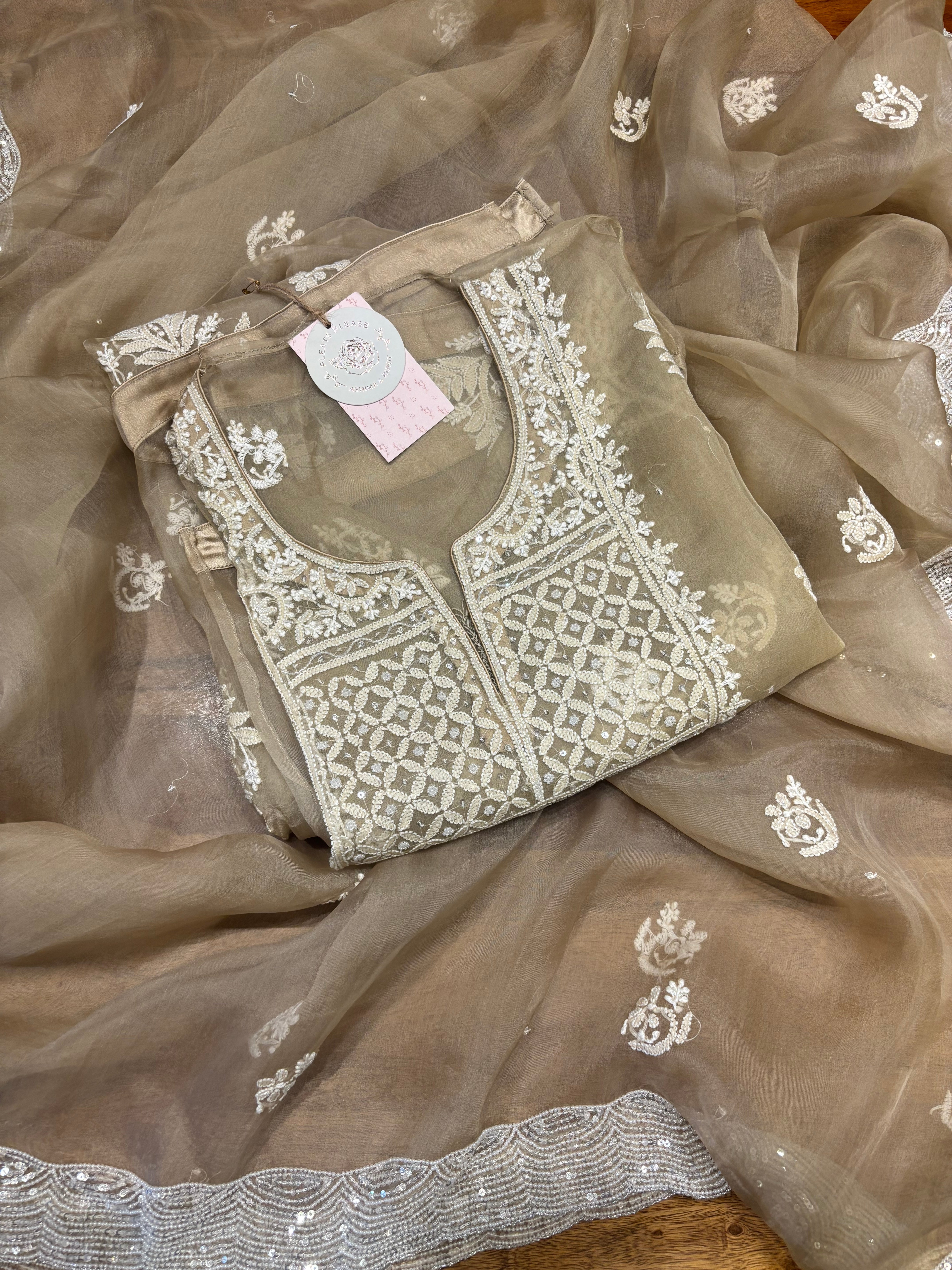 Brown Organza Silk Chikankari Kurta And Dupatta Set
