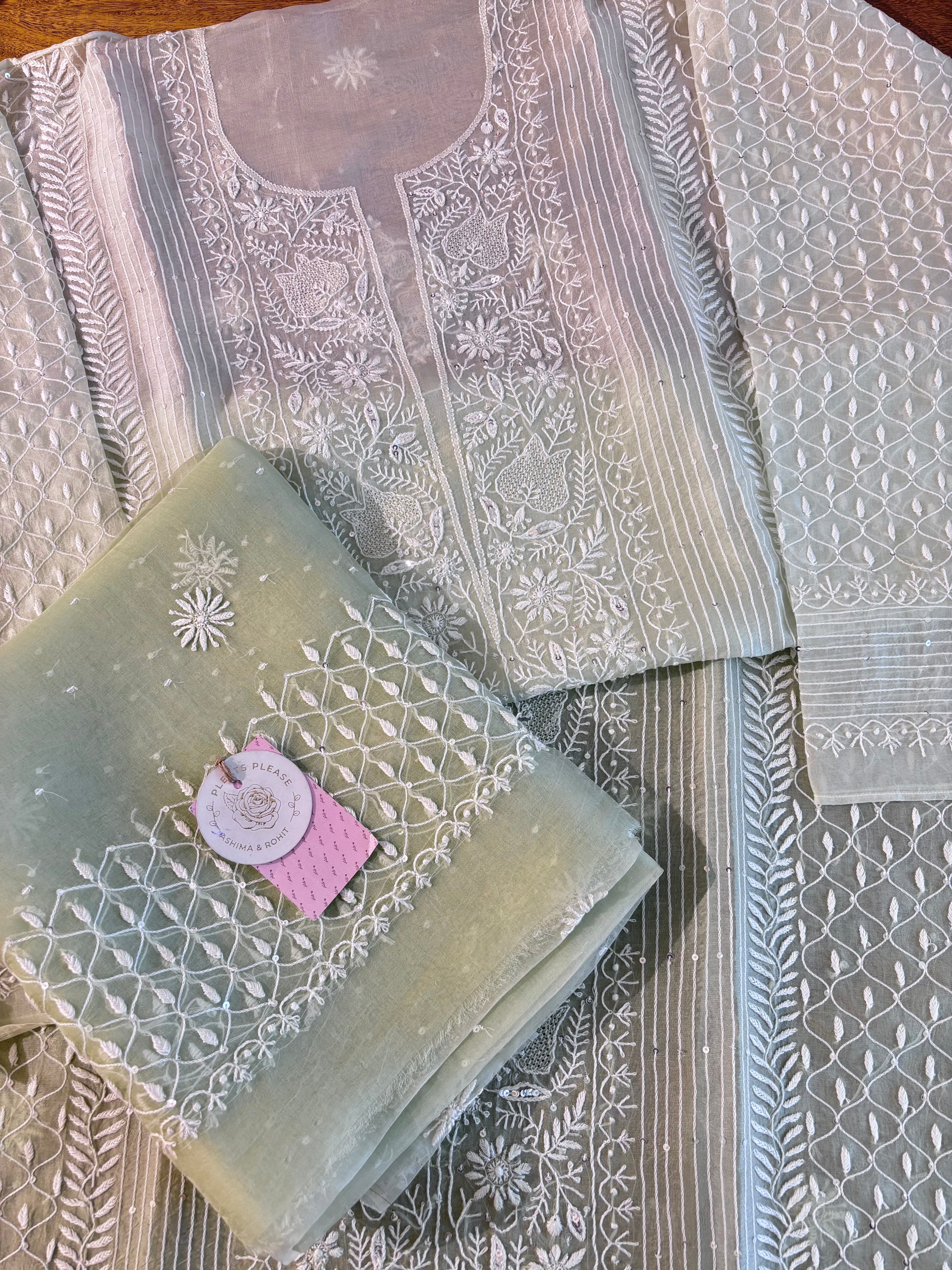 Pastel Sage Green Organza Chikankari Kurta & Dupatta