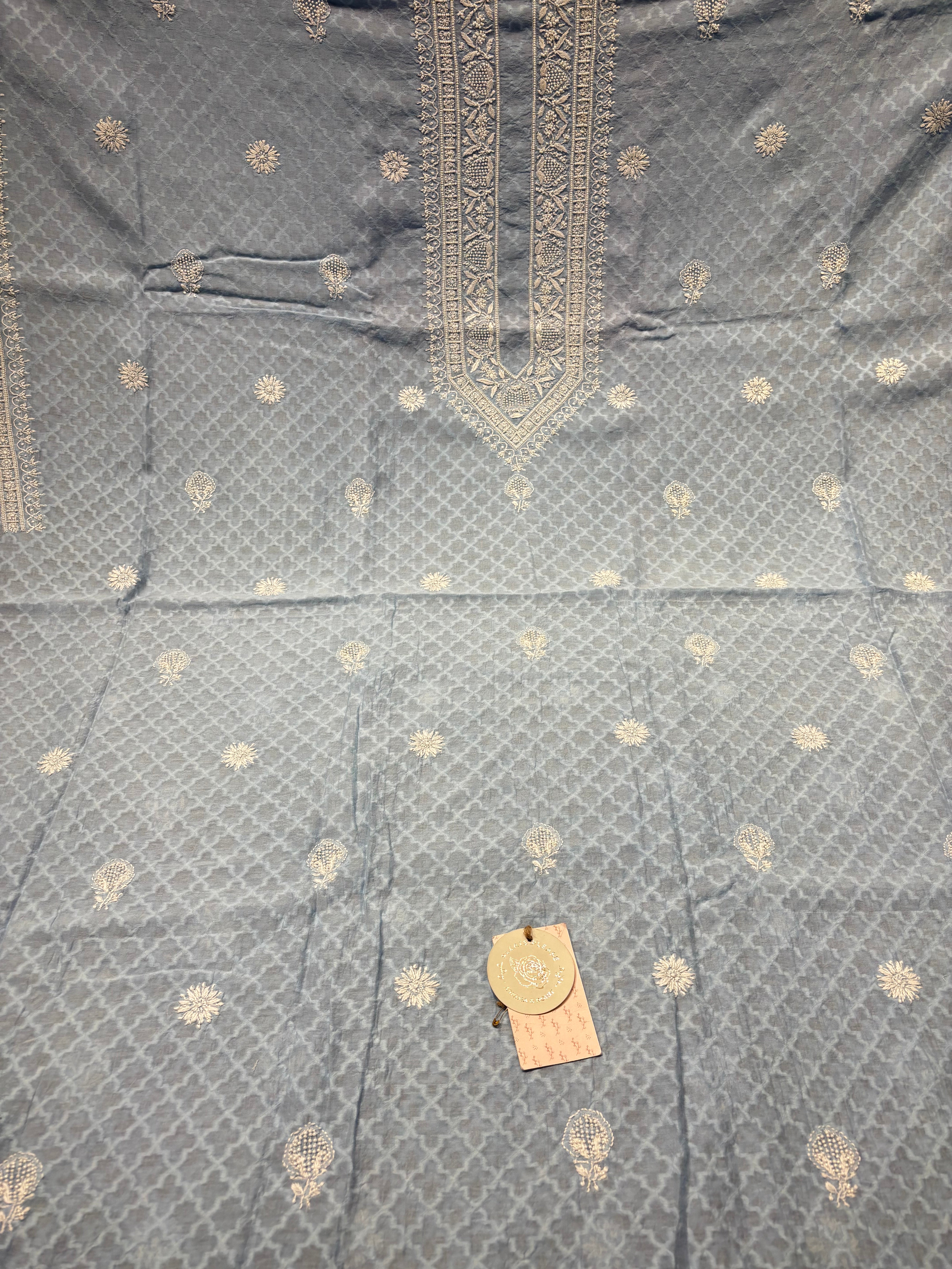 Blue Chanderi Jacquard Chikankari Men's Kurta Fabric
