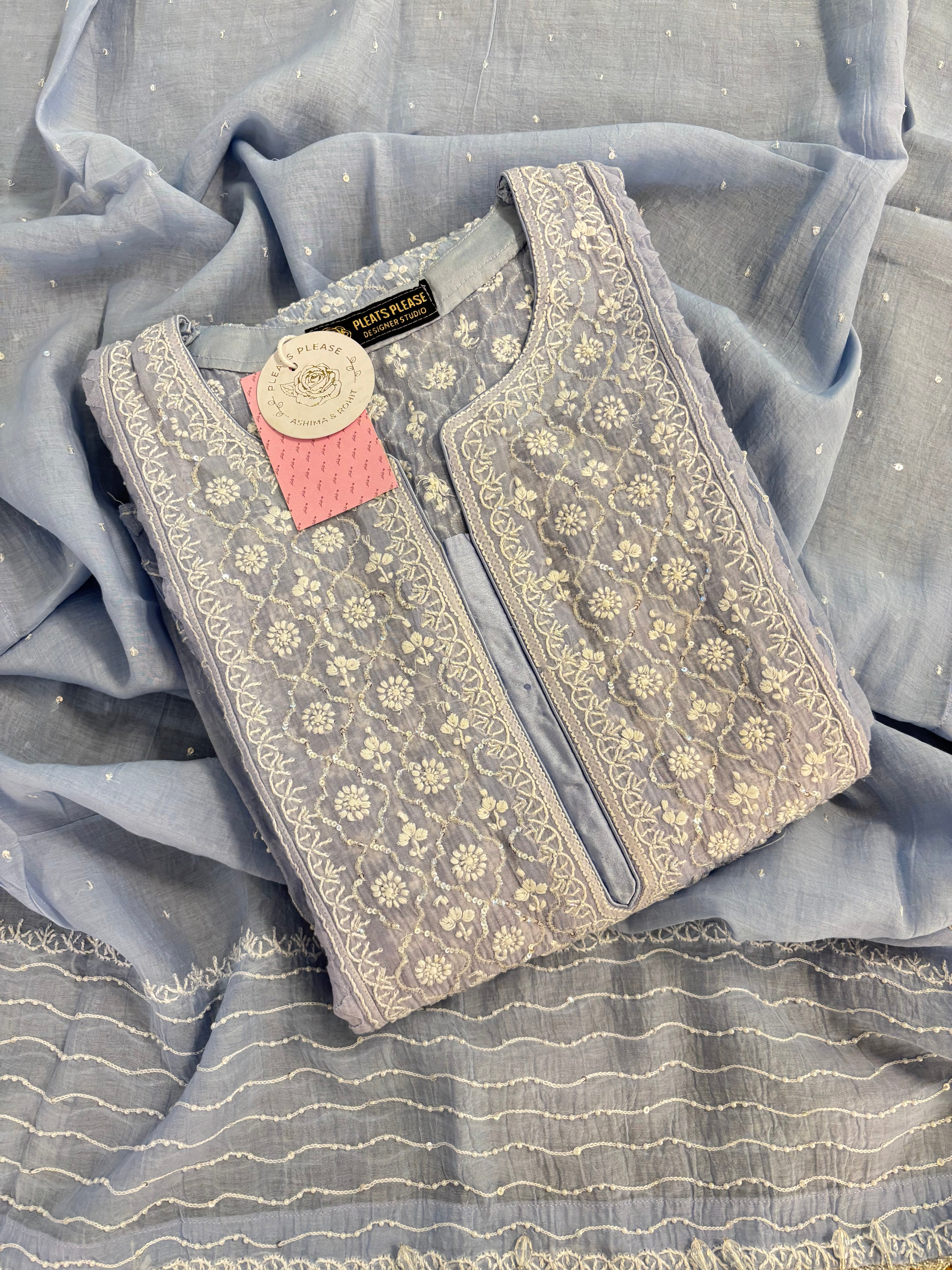 Powder Blue Chanderi Chikankari Kurta & Dupatta