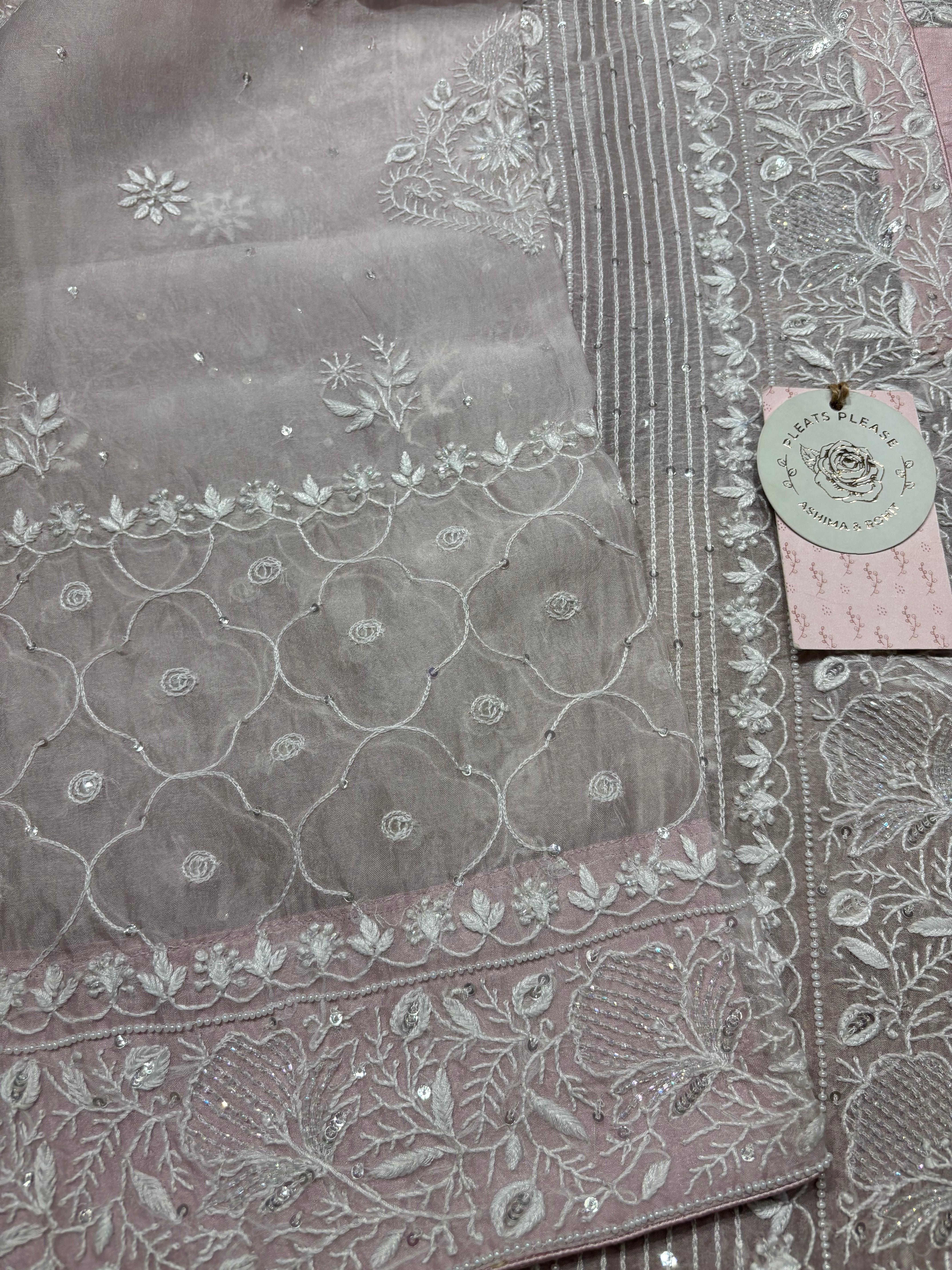 Pink Ombre Pure And Premium Organza Silk  Chikankari Kurta And Dupatta Set