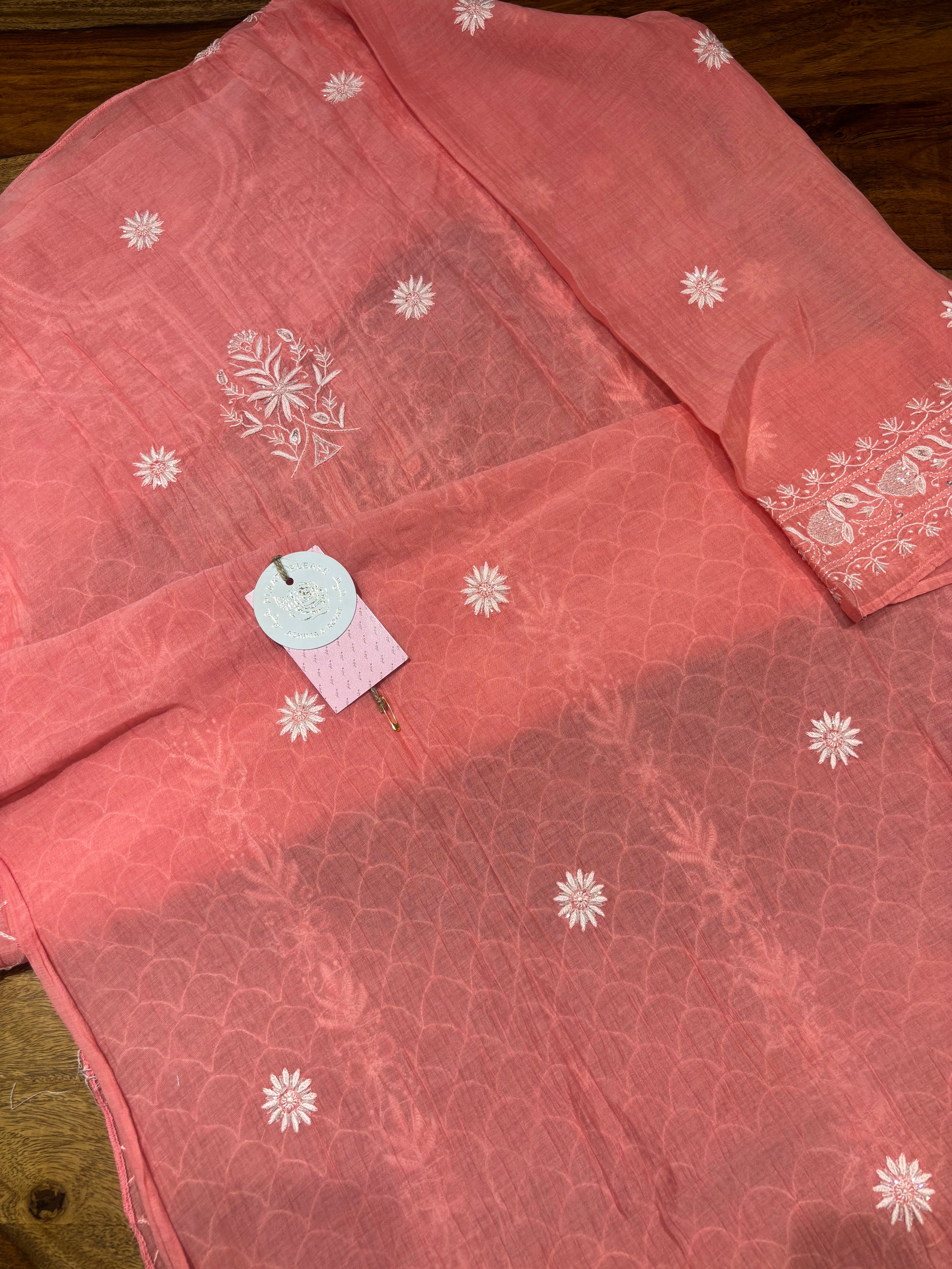 Coral Pink Chanderi Mul Chikankari Kurta & Dupatta Set