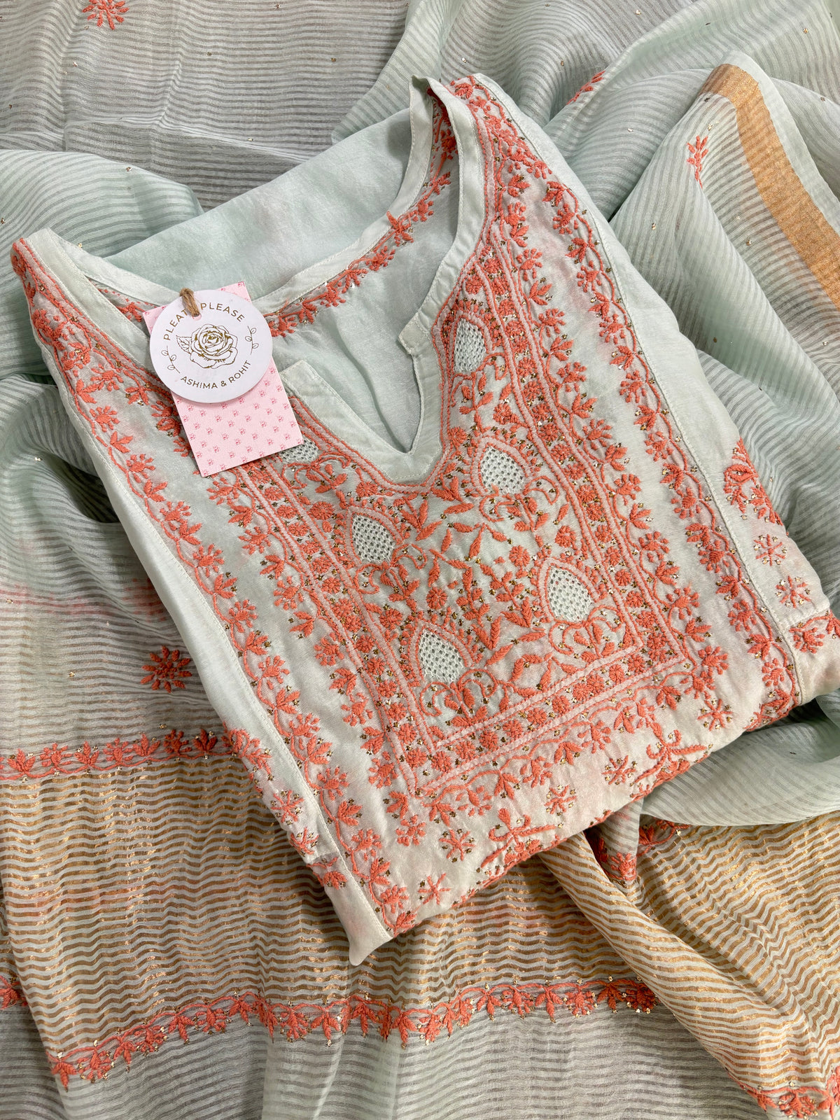 Light Mint Green Chanderi Silk Chikankari Mukaish A-Line & Dupatta