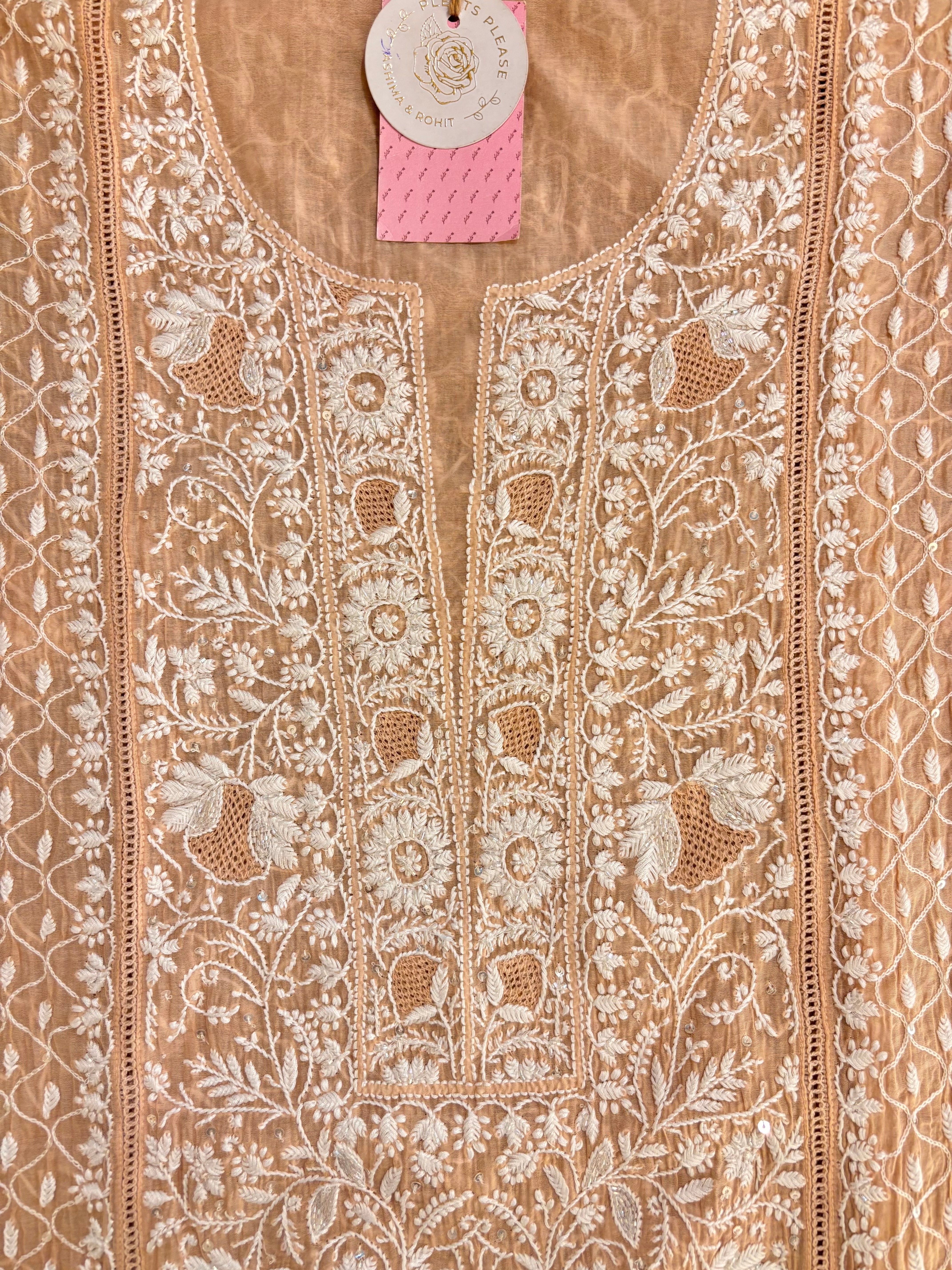 Peach Chanderi Chikankari Kurta & Dupatta
